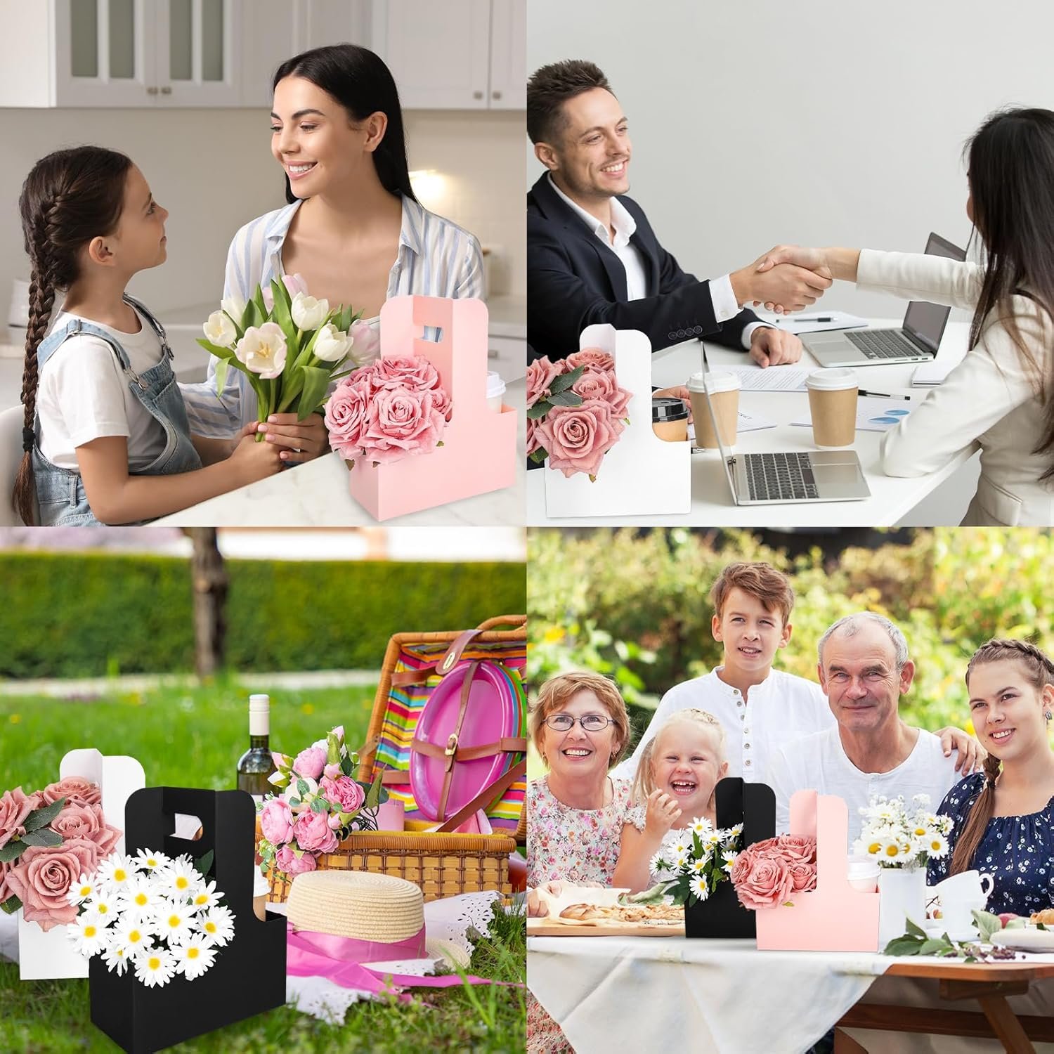 Logo Personalizado Cajas de Regalo de 24 Pcs para Día de la Madre y San Valentín con Asa, Soportes para Bebidas de 2 Tazas en Rosa, Negro y Blanco, Ideal para Bodas, Cumpleaños y Baby Shower, Proveedor de Productos Personalizados.