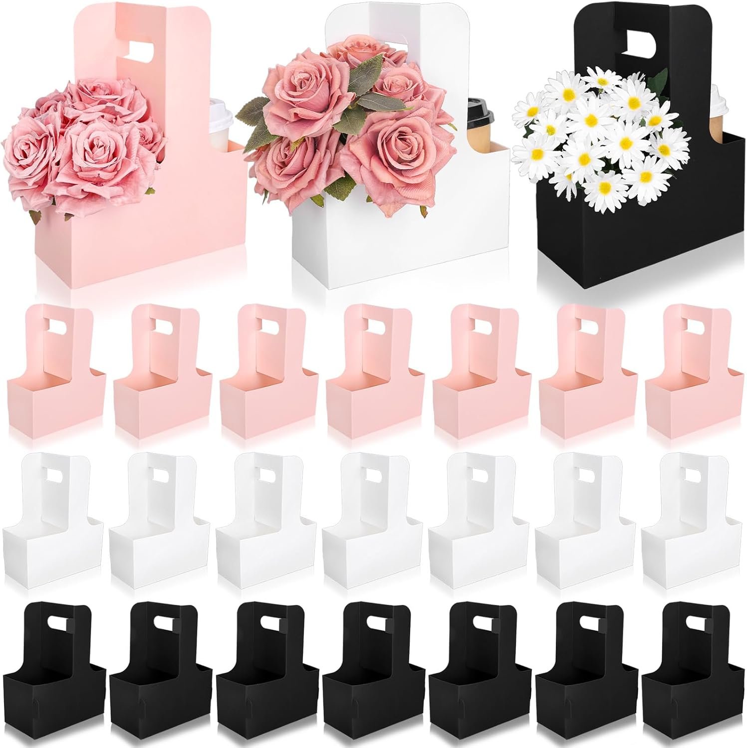 Logo Personalizado Cajas de Regalo de 24 Pcs para Día de la Madre y San Valentín con Asa, Soportes para Bebidas de 2 Tazas en Rosa, Negro y Blanco, Ideal para Bodas, Cumpleaños y Baby Shower, Proveedor de Productos Personalizados.