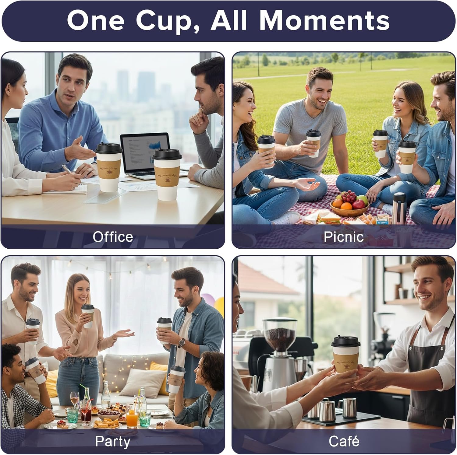Tazas de café desechables de 16 oz con tapa y mangas de kraft, ideal para oficinas, cafeterías, catering, eventos y viajes diarios, con Logo Personalizado, disponibles en Fábrica para Marca Blanca. Tazas de café desechables de 16 oz con tapa y mangas de kraft, ideal para oficinas, cafeterías, catering, eventos y viajes diarios, con Logo Personalizado, disponibles en Fábrica para Marca Blanca.