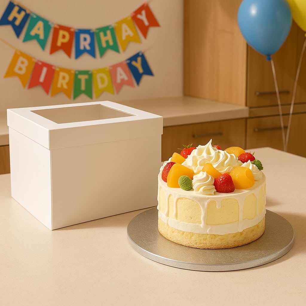 Logo Personalizado Caja de Pasteles Blanca de 10 Pulgadas con Tapa y Base de 1/2 Pulgada, Combo de Contenedor Desechable para Pastelería (10x10x8”) y Marca Blanca del Proveedor.