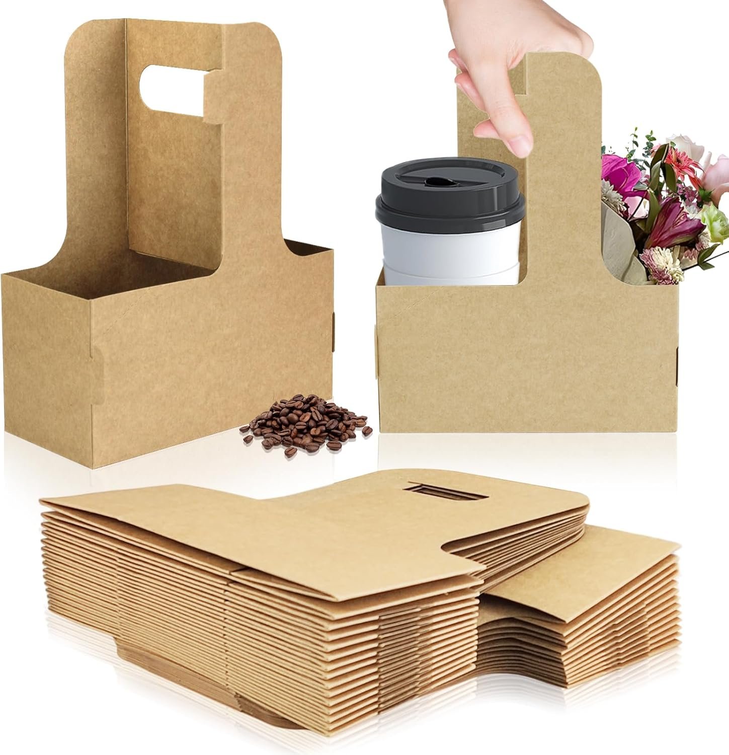 Logo Personalizado Porta Vasos Desechable de 2 Tazas con Asa, 30 Contenedores de Cartón Kraft para Bebidas Calientes o Frías, Ideal para Servicios de Comida para Llevar, Proveedor de Soluciones de Entrega (Marrón, 30 PCs)