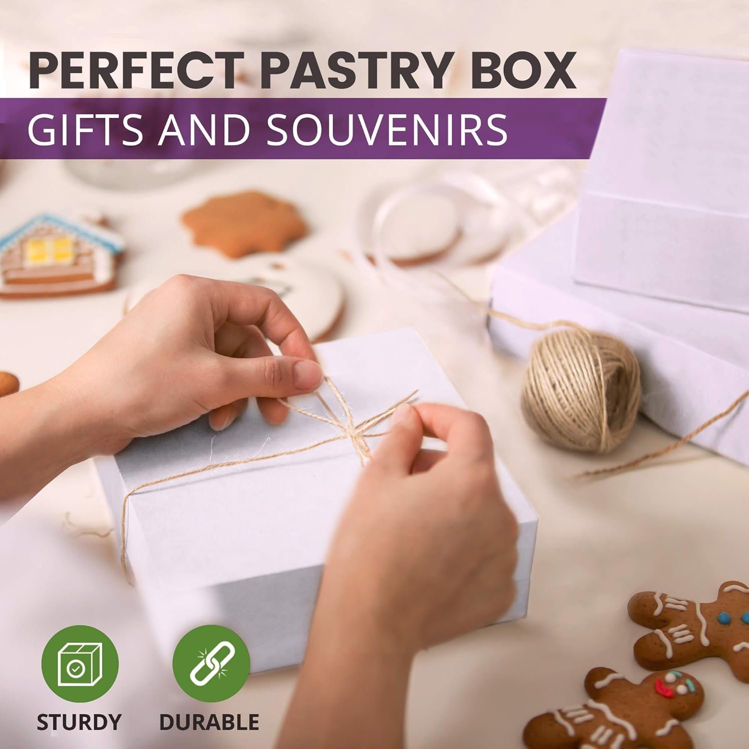 Logo Personalizado Cajas de Pastelería 9x9x3 Blancas, Caja Compostable de Cartón Kraft para Empaque de Productos Horneaos como Galletas, Pasteles, Donas, Cupcakes y Dulces, Marca Blanca de Proveedor.