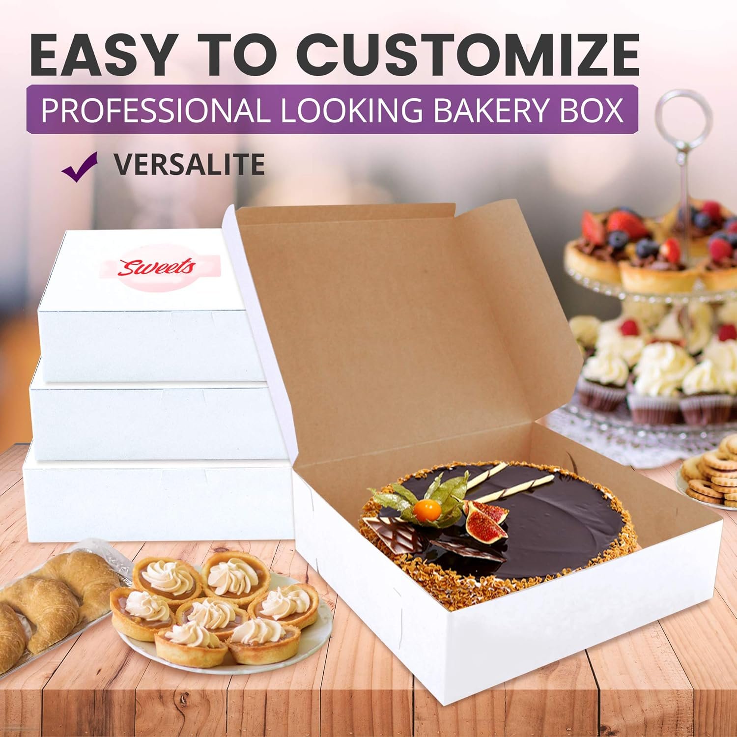 Logo Personalizado Cajas de Pastelería 9x9x3 Blancas, Caja Compostable de Cartón Kraft para Empaque de Productos Horneaos como Galletas, Pasteles, Donas, Cupcakes y Dulces, Marca Blanca de Proveedor.