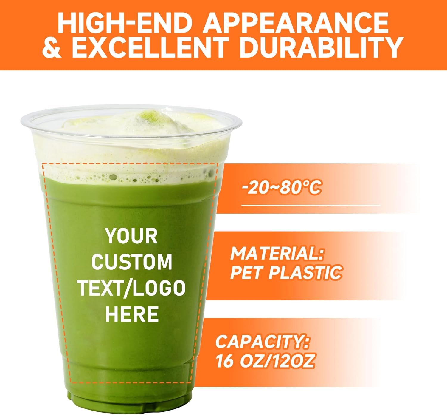 Tazas de Plástico Personalizadas con Logo – 12oz/16oz Claras, 100 unidades, Tazas Desechables para Bebidas Frías, Smoothies, Eventos, Fábrica de Marca Blanca.