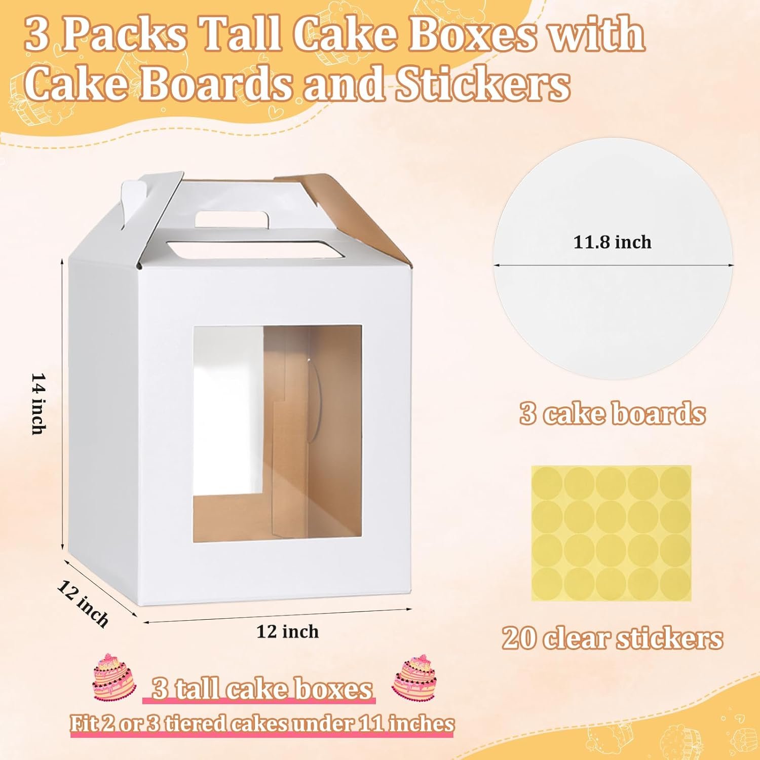 Logo Personalizado - Caja Alta para Pasteles de 3 Piezas con Ventanas Transparentes y Asa, 12 x 12 x 14 Pulgadas, Contenedor Desechable para Llevado de Pasteles de Marca Blanca para Cumpleaños y Bodas - Proveedor de Soluciones de Empaque.