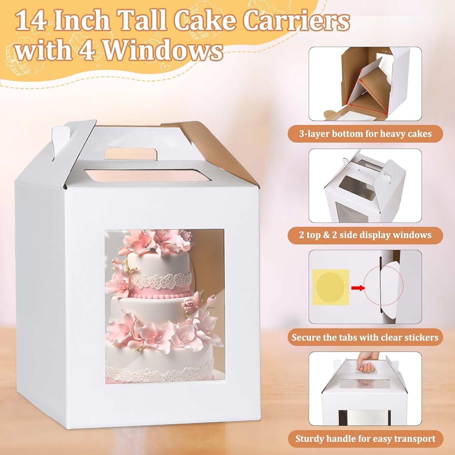 Logo Personalizado - Caja Alta para Pasteles de 3 Piezas con Ventanas Transparentes y Asa, 12 x 12 x 14 Pulgadas, Contenedor Desechable para Llevado de Pasteles de Marca Blanca para Cumpleaños y Bodas - Proveedor de Soluciones de Empaque.