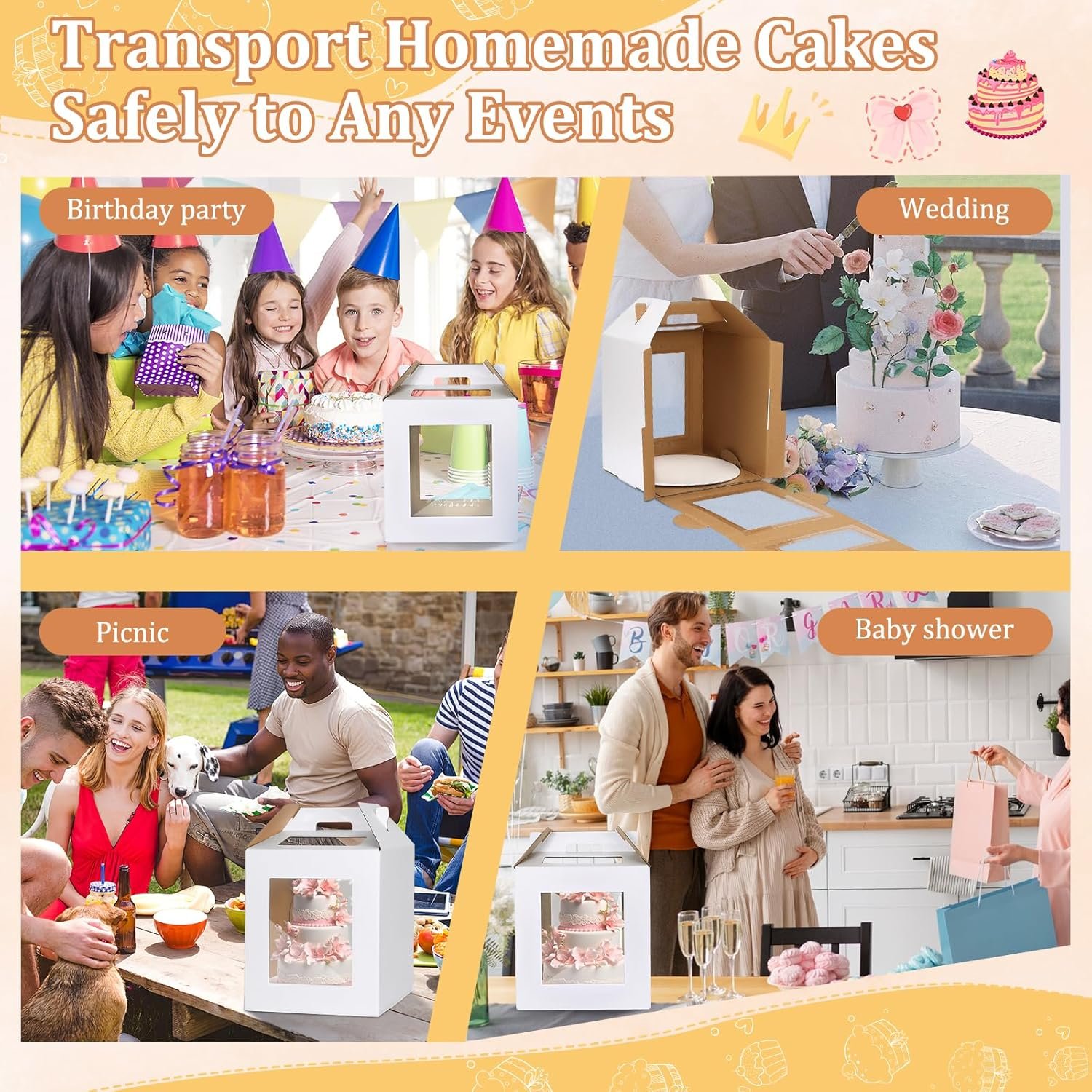 Logo Personalizado - Caja Alta para Pasteles de 3 Piezas con Ventanas Transparentes y Asa, 12 x 12 x 14 Pulgadas, Contenedor Desechable para Llevado de Pasteles de Marca Blanca para Cumpleaños y Bodas - Proveedor de Soluciones de Empaque.