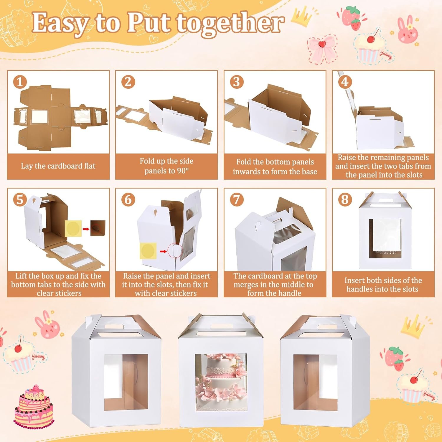 Logo Personalizado - Caja Alta para Pasteles de 3 Piezas con Ventanas Transparentes y Asa, 12 x 12 x 14 Pulgadas, Contenedor Desechable para Llevado de Pasteles de Marca Blanca para Cumpleaños y Bodas - Proveedor de Soluciones de Empaque.