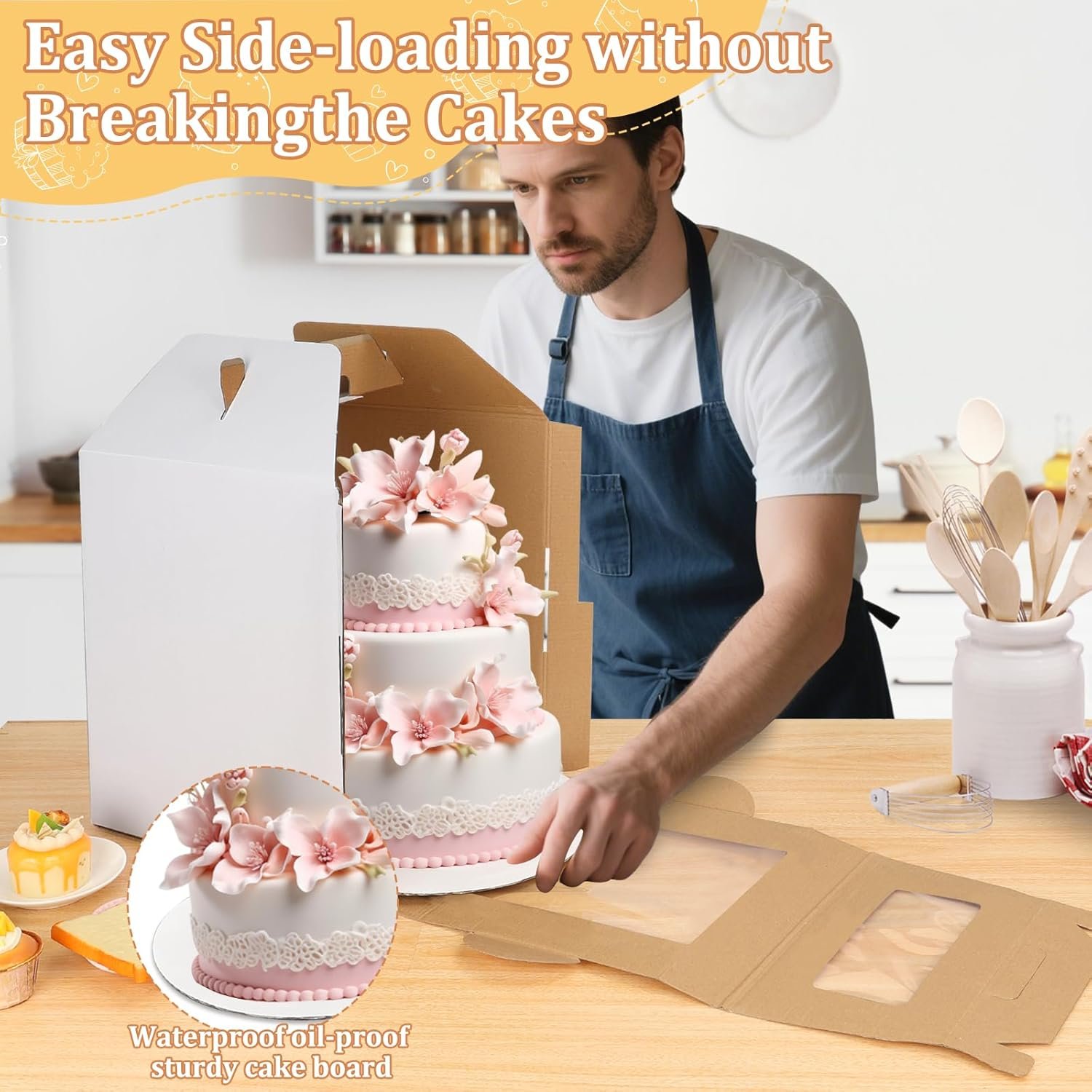 Logo Personalizado - Caja Alta para Pasteles de 3 Piezas con Ventanas Transparentes y Asa, 12 x 12 x 14 Pulgadas, Contenedor Desechable para Llevado de Pasteles de Marca Blanca para Cumpleaños y Bodas - Proveedor de Soluciones de Empaque.