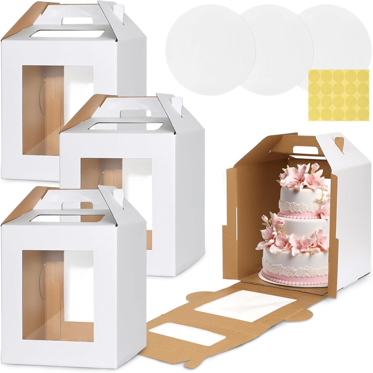 Logo Personalizado - Caja Alta para Pasteles de 3 Piezas con Ventanas Transparentes y Asa, 12 x 12 x 14 Pulgadas, Contenedor Desechable para Llevado de Pasteles de Marca Blanca para Cumpleaños y Bodas - Proveedor de Soluciones de Empaque.