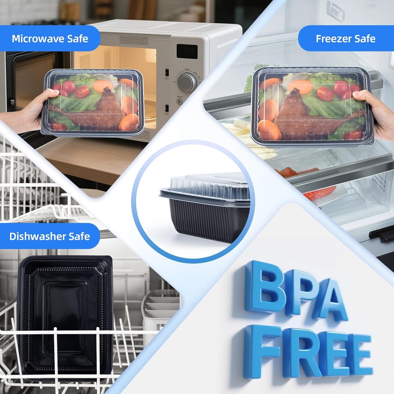 Contenedores de plástico con tapa 40 Pack 48 oz - Reutilizables y a prueba de fugas para comida para llevar | Logo personalizado para su marca blanca | Proveedor de envases seguros para microondas y lavavajillas, ideales para preparación de comidas en restaurantes.