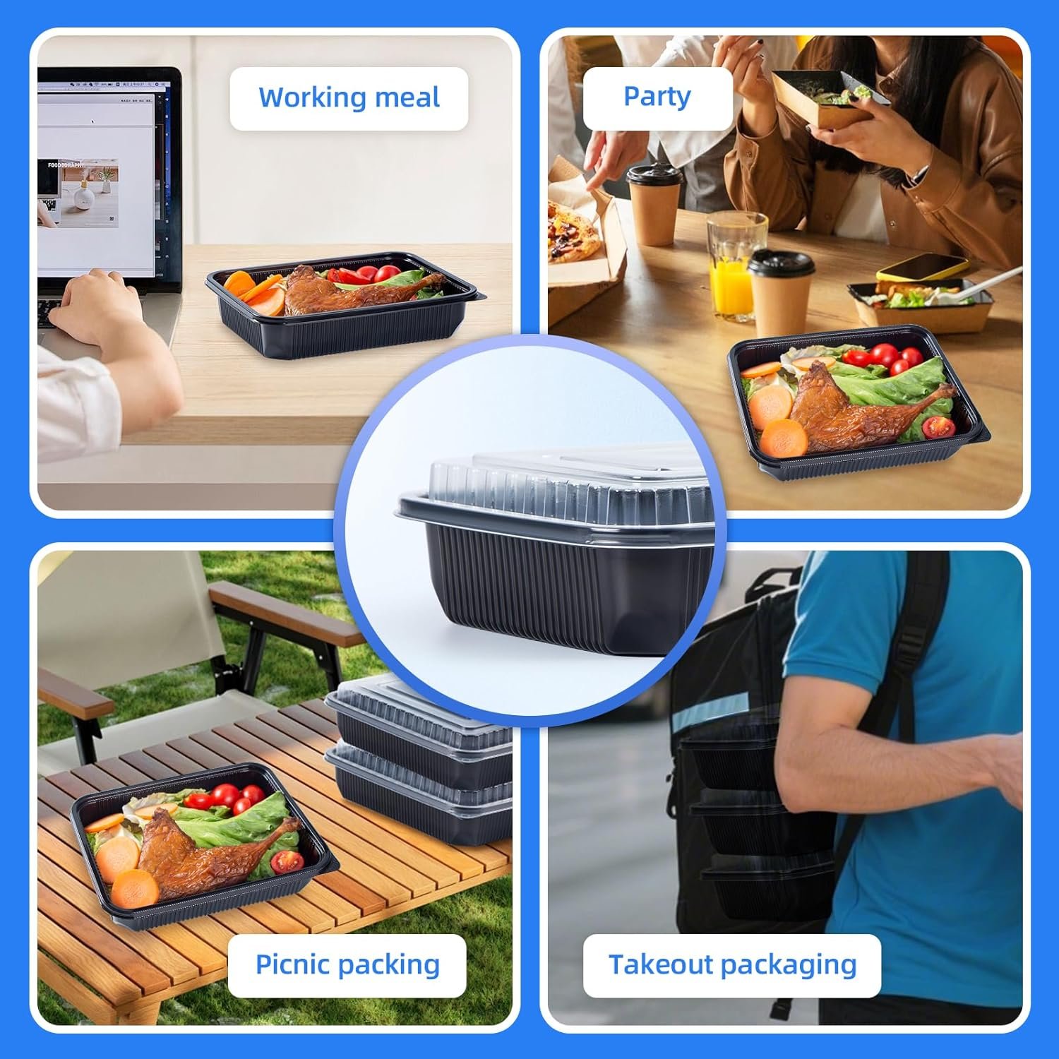 Contenedores de plástico con tapa 40 Pack 48 oz - Reutilizables y a prueba de fugas para comida para llevar | Logo personalizado para su marca blanca | Proveedor de envases seguros para microondas y lavavajillas, ideales para preparación de comidas en restaurantes.