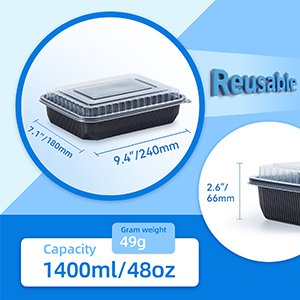 Contenedores de plástico con tapa 40 Pack 48 oz - Reutilizables y a prueba de fugas para comida para llevar | Logo personalizado para su marca blanca | Proveedor de envases seguros para microondas y lavavajillas, ideales para preparación de comidas en restaurantes.