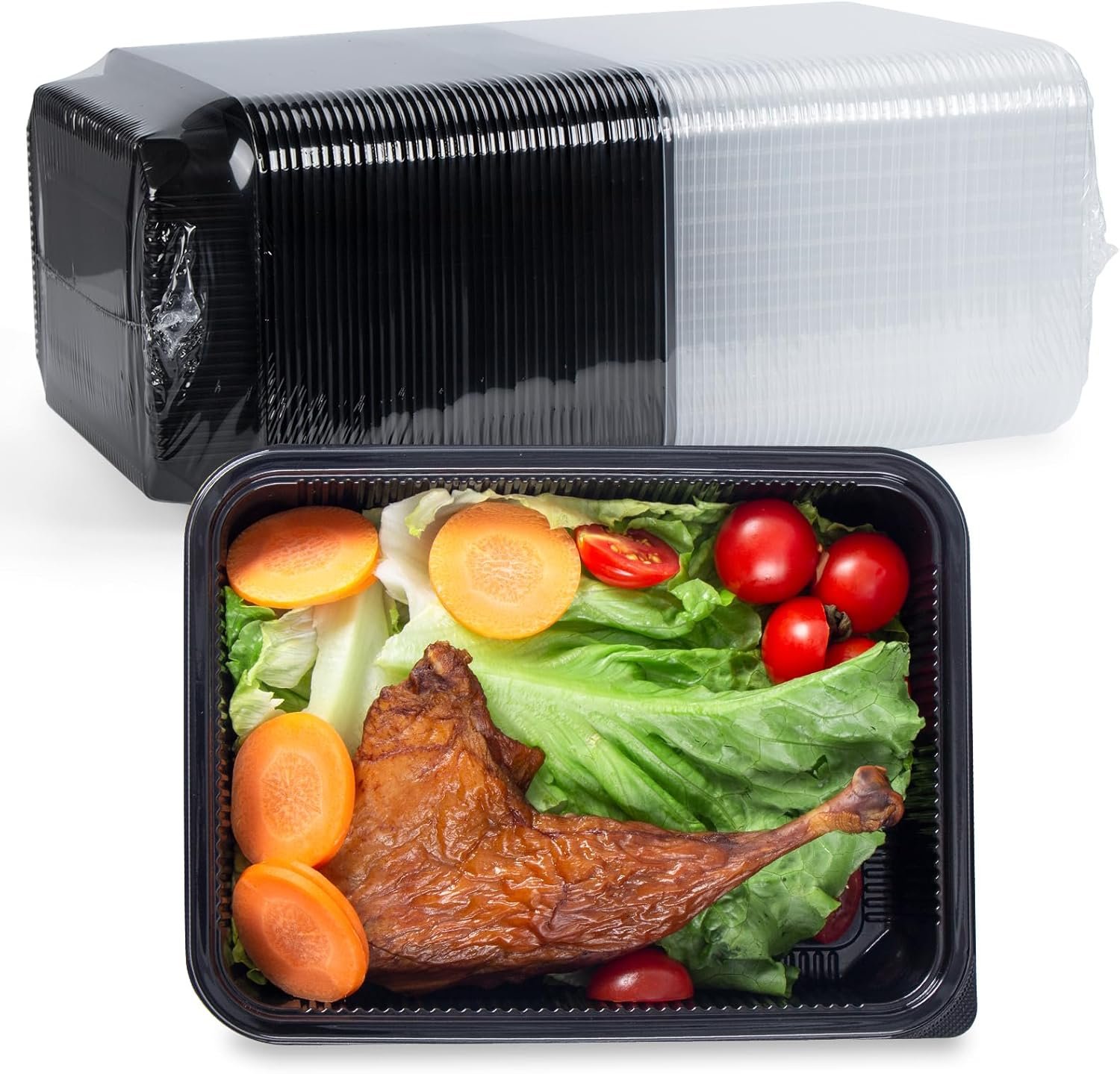 Contenedores de plástico con tapa 40 Pack 48 oz - Reutilizables y a prueba de fugas para comida para llevar | Logo personalizado para su marca blanca | Proveedor de envases seguros para microondas y lavavajillas, ideales para preparación de comidas en restaurantes.