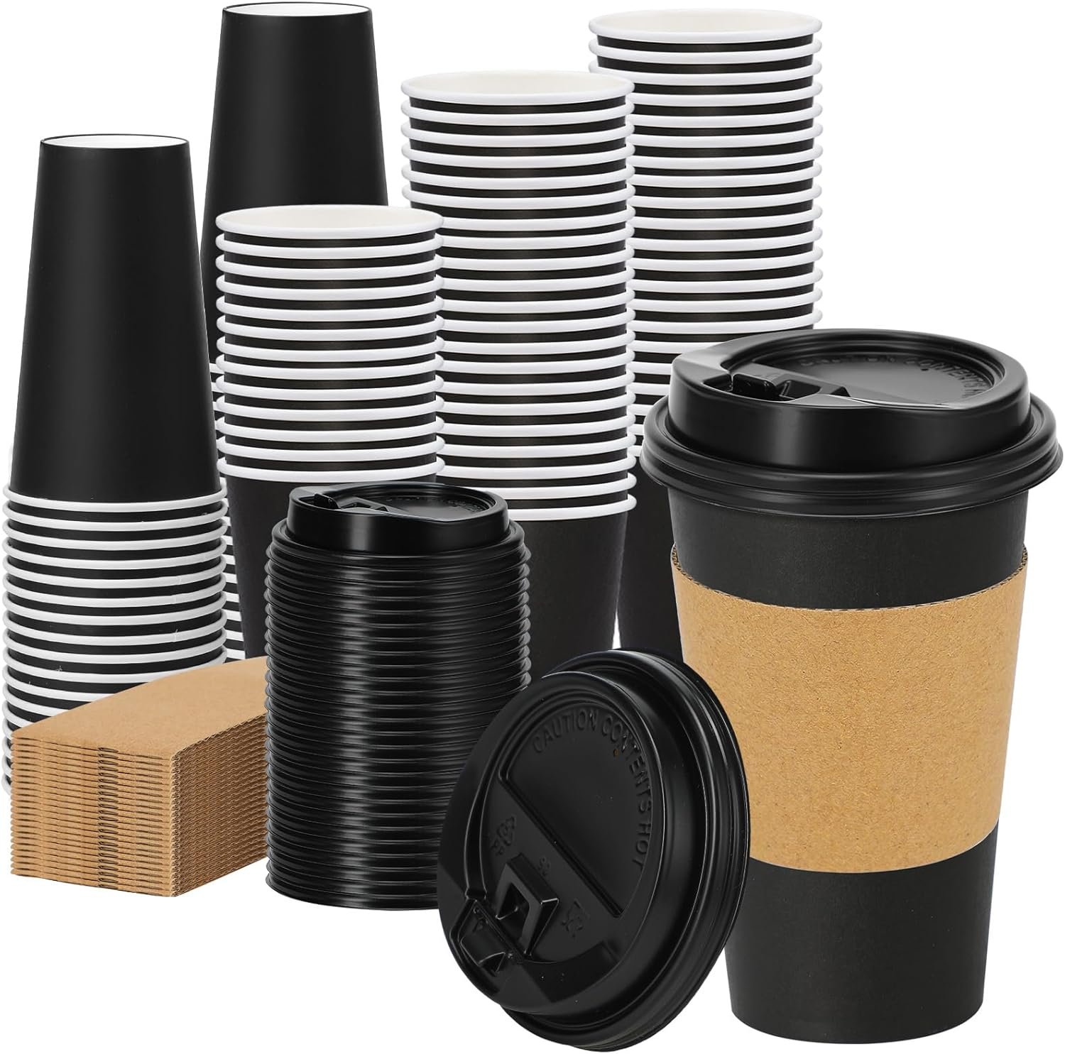 Tazas desechables de café negras de 16 oz con tapa y mangas, logo personalizado, copas para bebidas calientes/frías ideales para el hogar, la oficina, fiestas y viajes, disponible en proveedor.