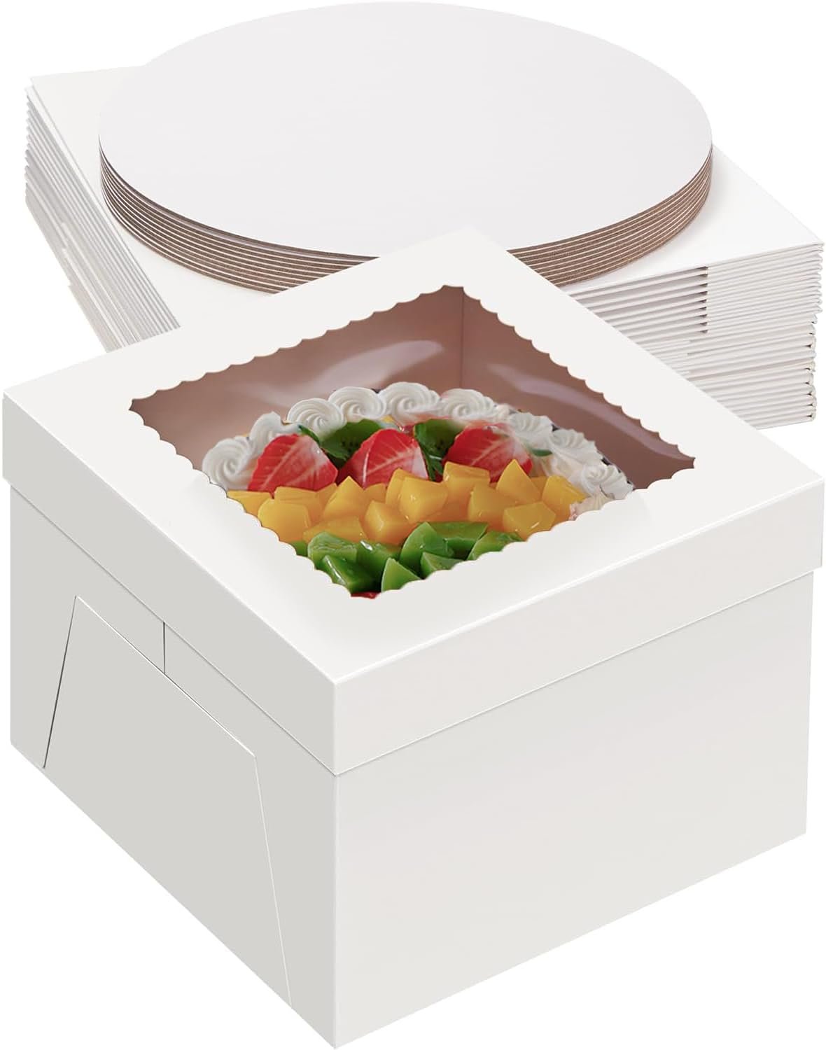 Cajas de Pastel de 12 Pulgadas con Logo Personalizado, Pack de 20 (10 cajas y 10 bases), Cajas Blancas de 12X12X8 Pulgadas con Ventana para Pasteles, Galletas, Postres, Tartas, Bodas y Cumpleaños, Marca Blanca de Proveedor.