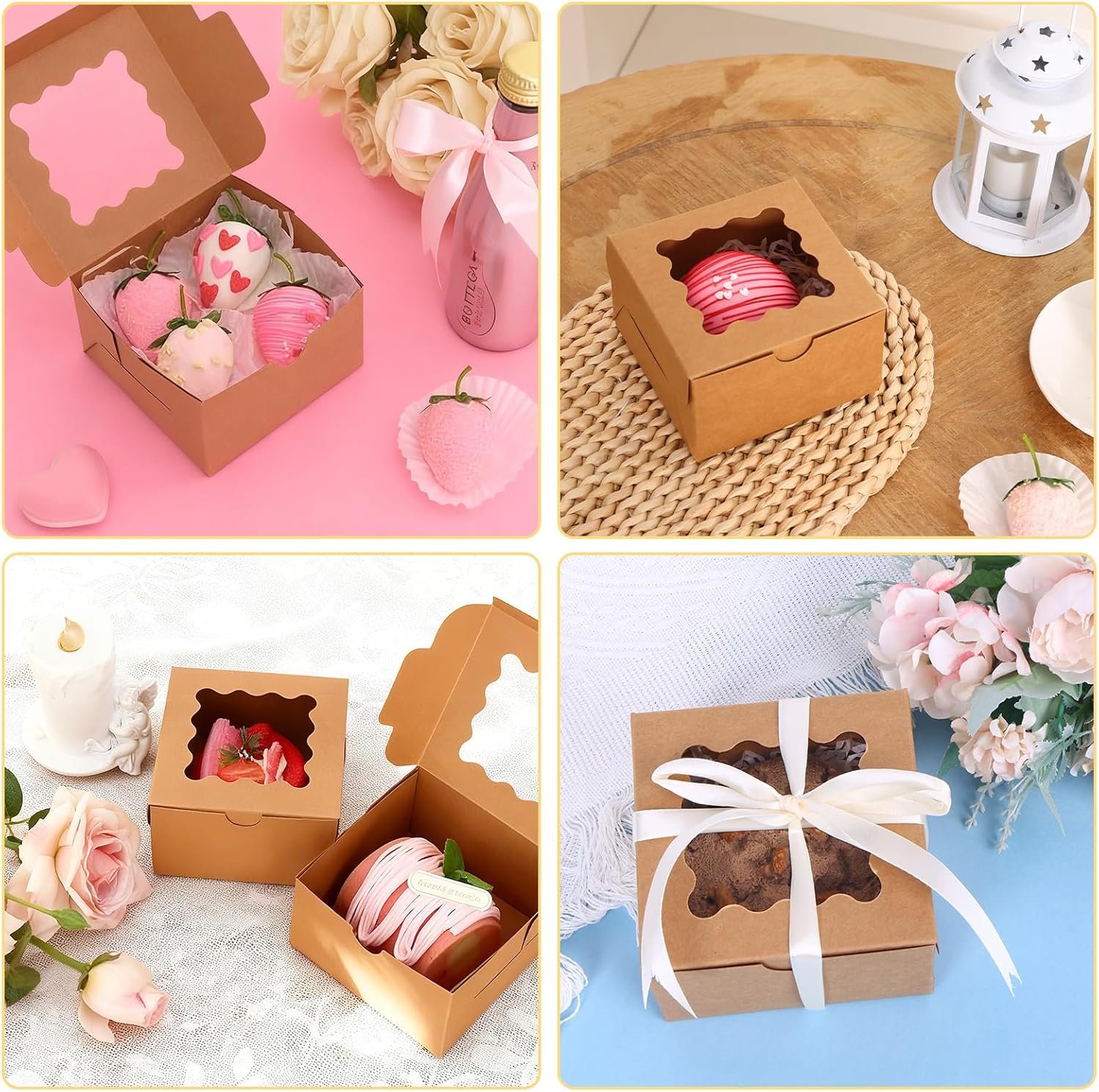 Caja para pasteles con ventana de 50 piezas, 4x4x2.5 pulgadas, ideal para galletas, dulces y postres, Marca Blanca, fabricada por nuestro Proveedor.