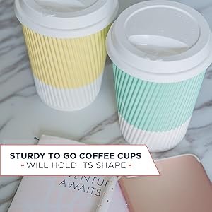 Tazas de café desechables con tapa - (80 unidades) 12 oz tazas de papel para llevar con tapas resellables que evitan derrames. Ideal para bebidas calientes al viajar. Proveedor de soluciones para su marca blanca y personalización con logo.