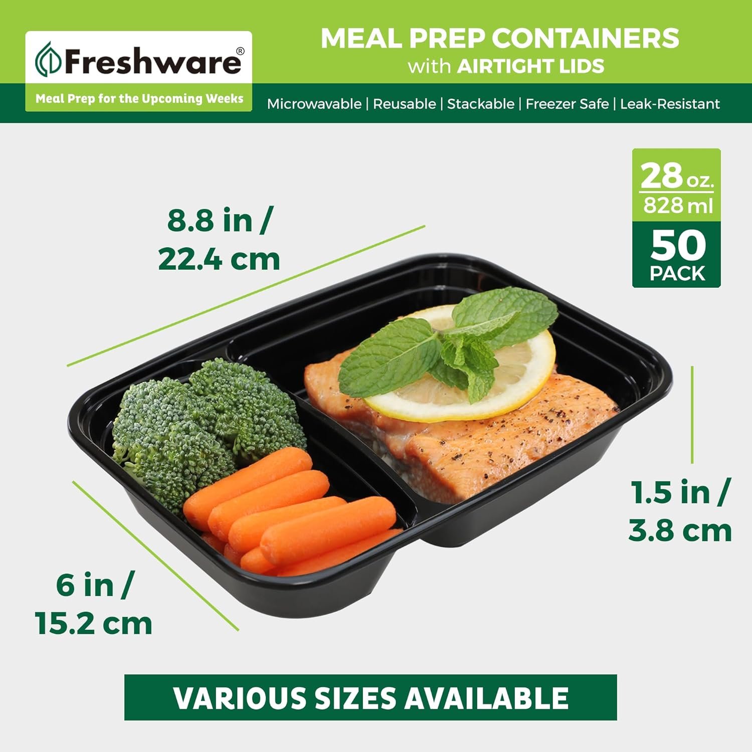 Contenedores de Almacenamiento de Comida con Logo Personalizado [50 Piezas] 2 Compartimentos con Tapas, Bento Box, Libre de BPA, Apilables, Apta para Microondas/Lavavajillas/Congelador (28 oz) Proveedor.