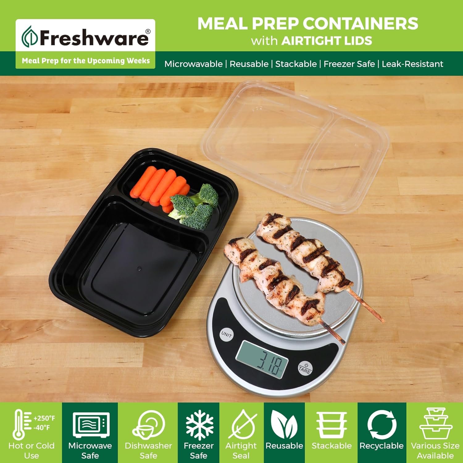 Contenedores de Almacenamiento de Comida con Logo Personalizado [50 Piezas] 2 Compartimentos con Tapas, Bento Box, Libre de BPA, Apilables, Apta para Microondas/Lavavajillas/Congelador (28 oz) Proveedor.