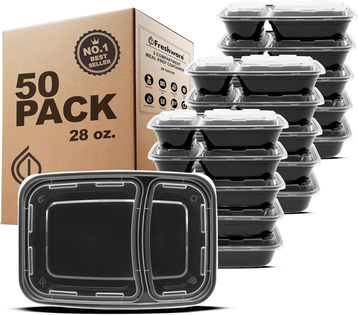 Contenedores de Almacenamiento de Comida con Logo Personalizado [50 Piezas] 2 Compartimentos con Tapas, Bento Box, Libre de BPA, Apilables, Apta para Microondas/Lavavajillas/Congelador (28 oz) Proveedor.