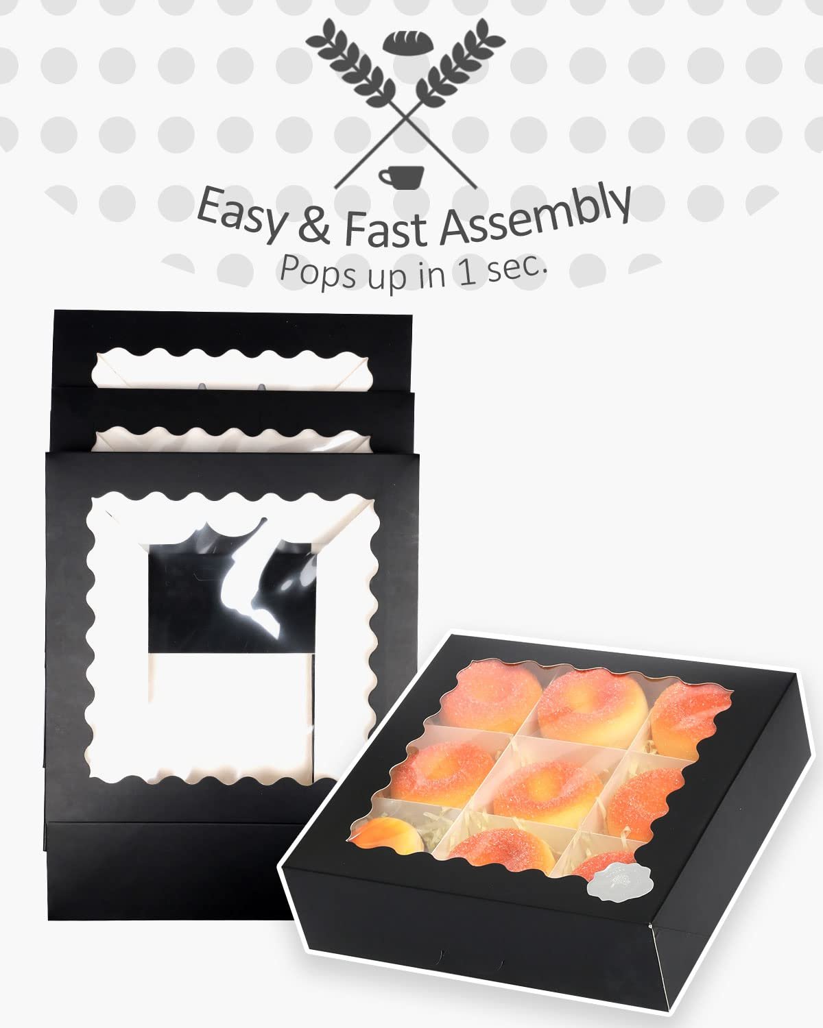 Caja de pastel negro con ventana 10x10x2.5 pulgadas 30 pack, ideal para galletas y donuts, Marca blanca disponible, Proveedor de soluciones de empaque. Caja de pastel negro con ventana 10x10x2.5 pulgadas 30 pack, ideal para galletas y donuts, Marca blanca disponible, Proveedor de soluciones de empaque.