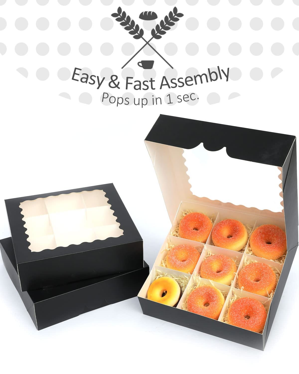 Caja de pastel negro con ventana 10x10x2.5 pulgadas 30 pack, ideal para galletas y donuts, Marca blanca disponible, Proveedor de soluciones de empaque. Caja de pastel negro con ventana 10x10x2.5 pulgadas 30 pack, ideal para galletas y donuts, Marca blanca disponible, Proveedor de soluciones de empaque.