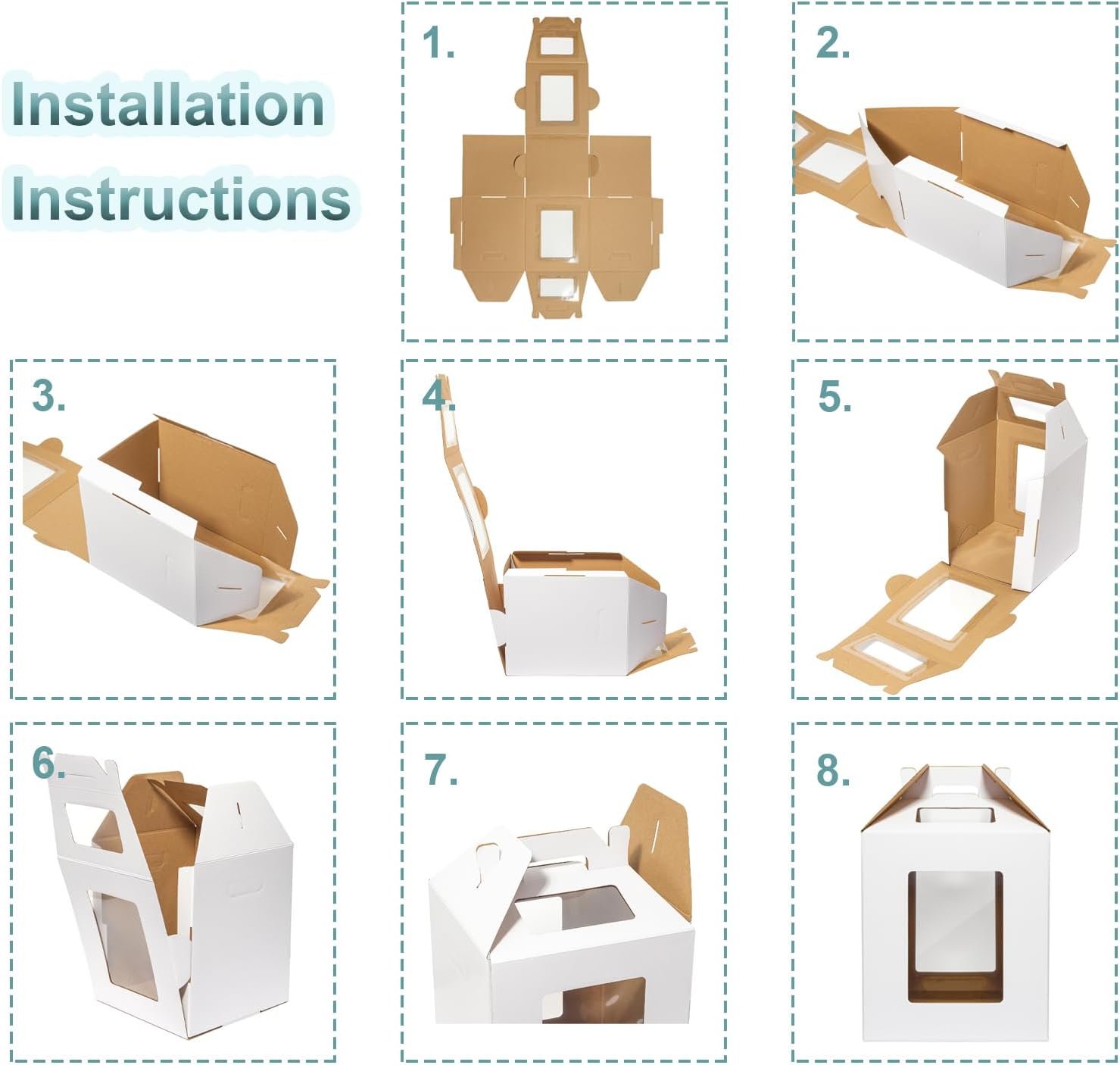 Caja para Pasteles Altos con Logo Personalizado 3 Pack 10x10x12 Pulgadas Desechables con Ventana para Transportar Pasteles de Capas con Asa Ideal para Bodas, Cumpleaños, Fiestas y Marca Blanca de Fábrica.