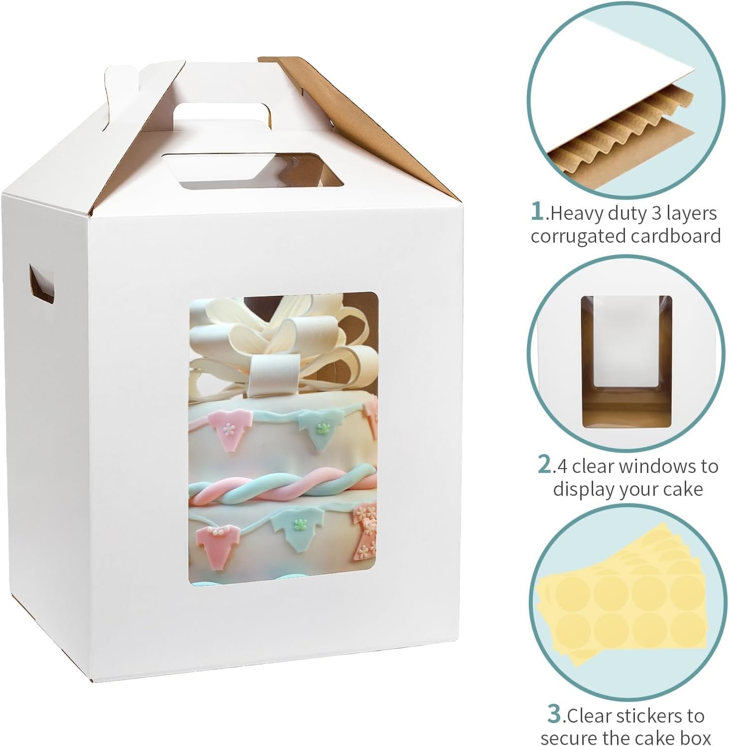 Caja para Pasteles Altos con Logo Personalizado 3 Pack 10x10x12 Pulgadas Desechables con Ventana para Transportar Pasteles de Capas con Asa Ideal para Bodas, Cumpleaños, Fiestas y Marca Blanca de Fábrica.