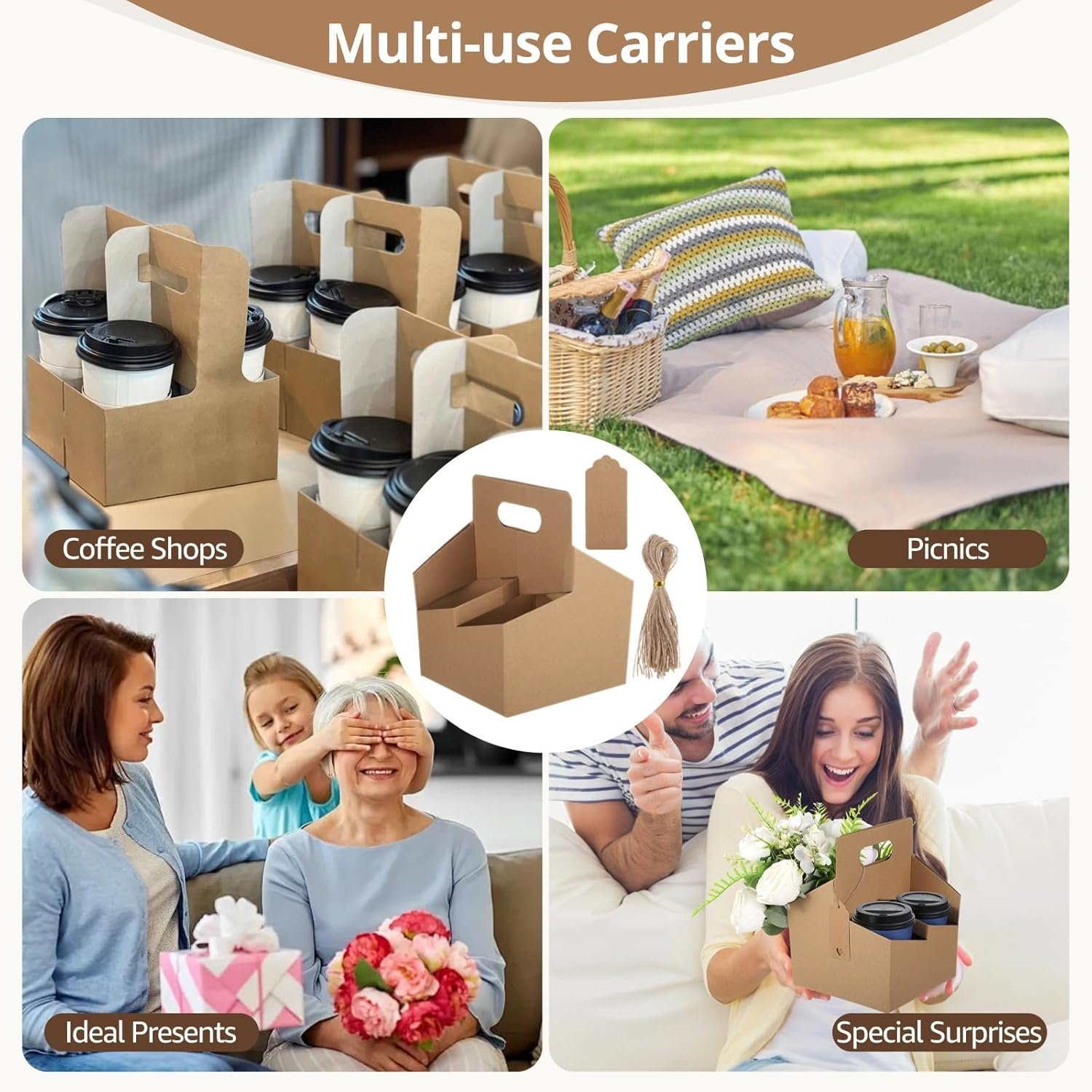 Sets de 50 portavasos desechables con asa y logotipo personalizado, soporte de cartón para tazas de café, portavasos para llevar bebidas frías y calientes con tarjetas y cuerdas, ideal para marca blanca y suministrado por nuestro fabricante.