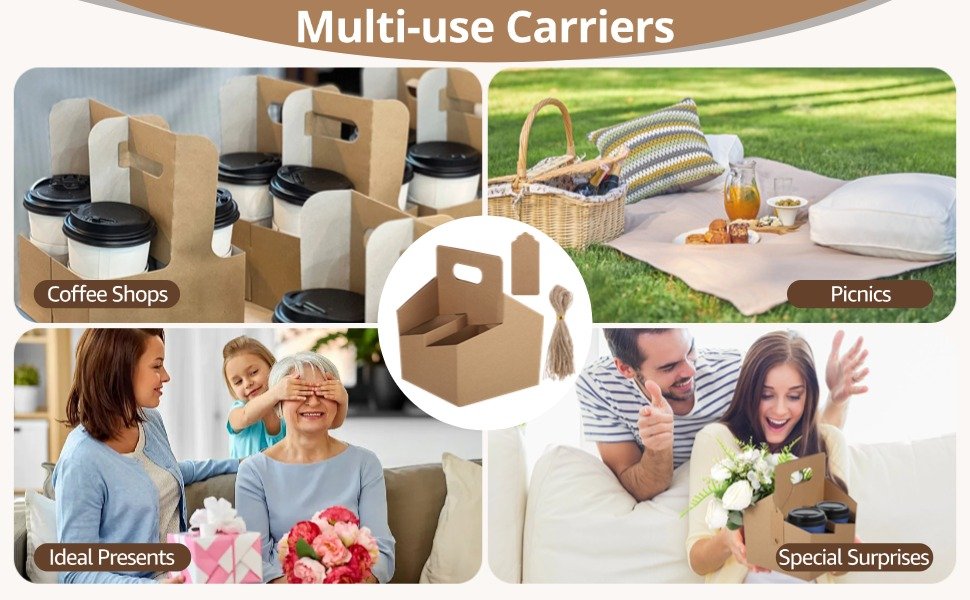 Sets de 50 portavasos desechables con asa y logotipo personalizado, soporte de cartón para tazas de café, portavasos para llevar bebidas frías y calientes con tarjetas y cuerdas, ideal para marca blanca y suministrado por nuestro fabricante.