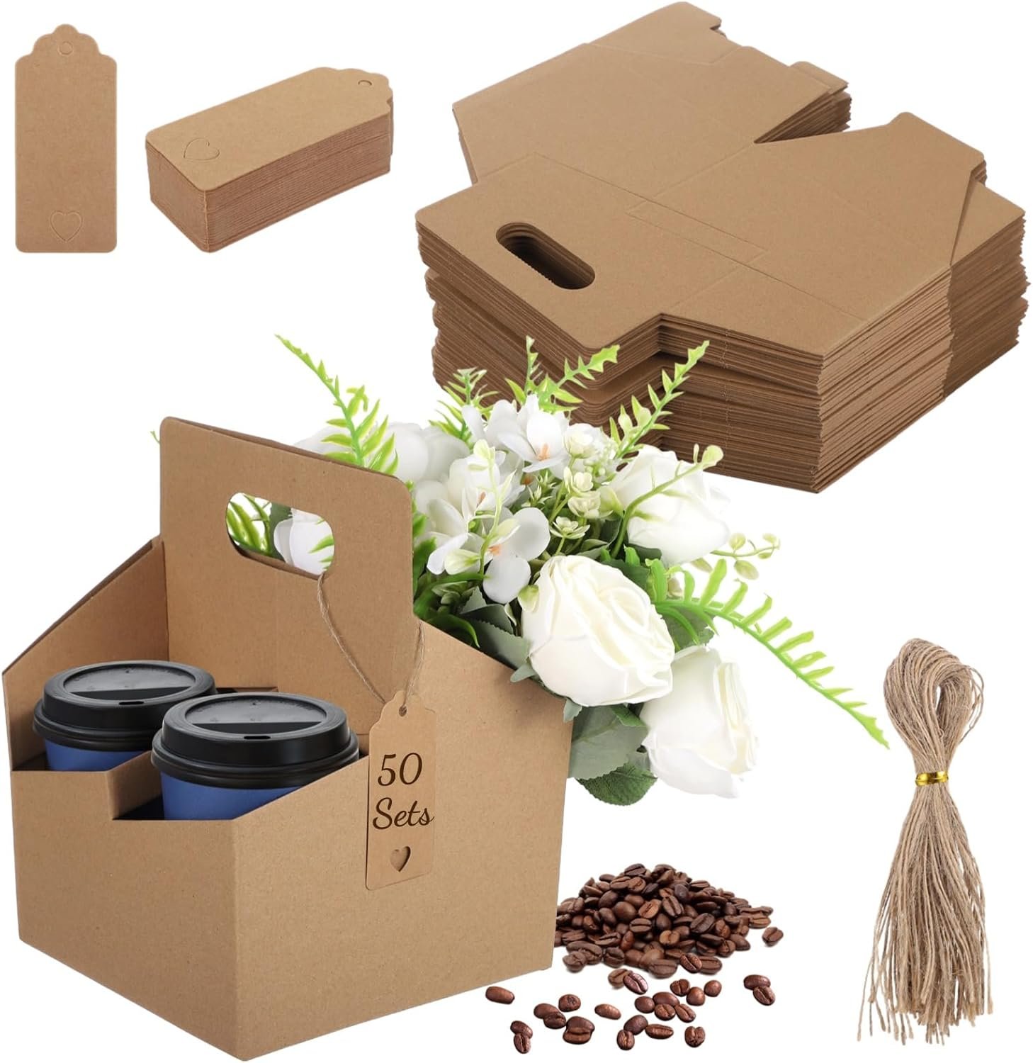 Sets de 50 portavasos desechables con asa y logotipo personalizado, soporte de cartón para tazas de café, portavasos para llevar bebidas frías y calientes con tarjetas y cuerdas, ideal para marca blanca y suministrado por nuestro fabricante.