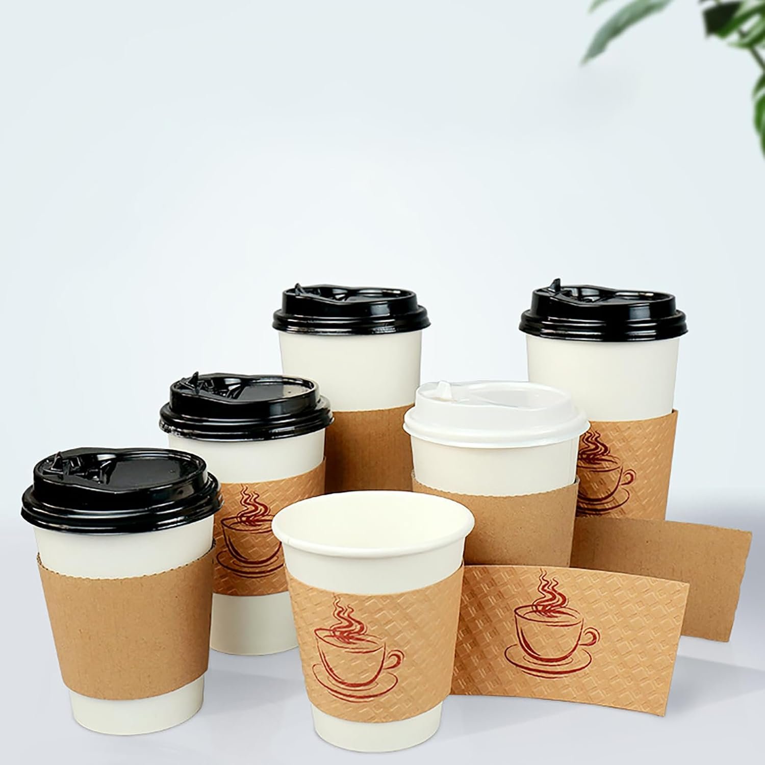 Logotipo Personalizado 50 Mangas de Papel para Tazas de Café Desechables con Lids y Mangas de Kraft Tazas de Café con Marca Blanca de Fábrica