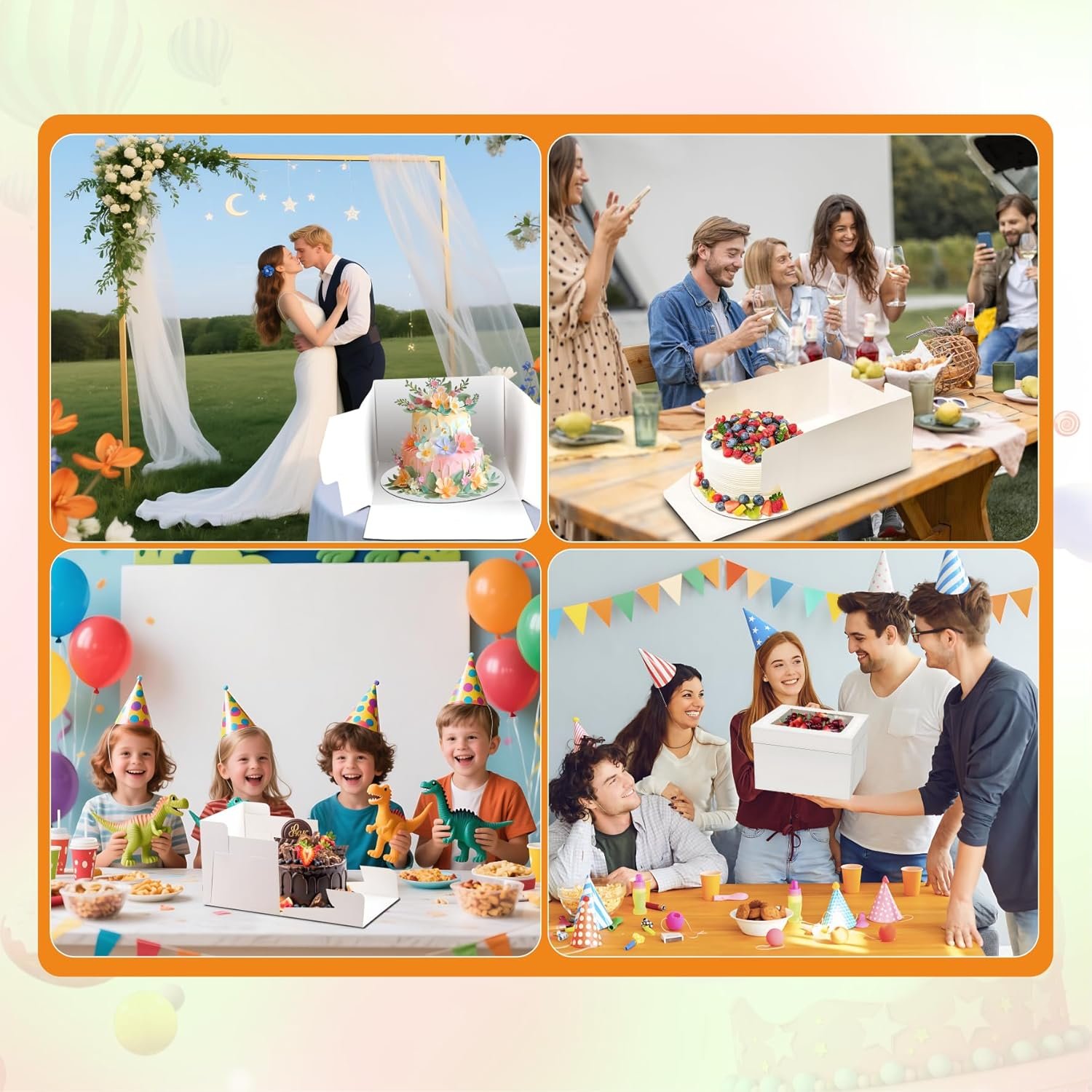 Logo Personalizado para Cajas de Pastel, Pack de 3 Cajas Altas de 10x10x8 Pulgadas con Ventana de Visualización, Base para Pasteles y Stickers, Marca Blanca para Cumpleaños, Bodas y Banquetes, Proveedor de Calidad.