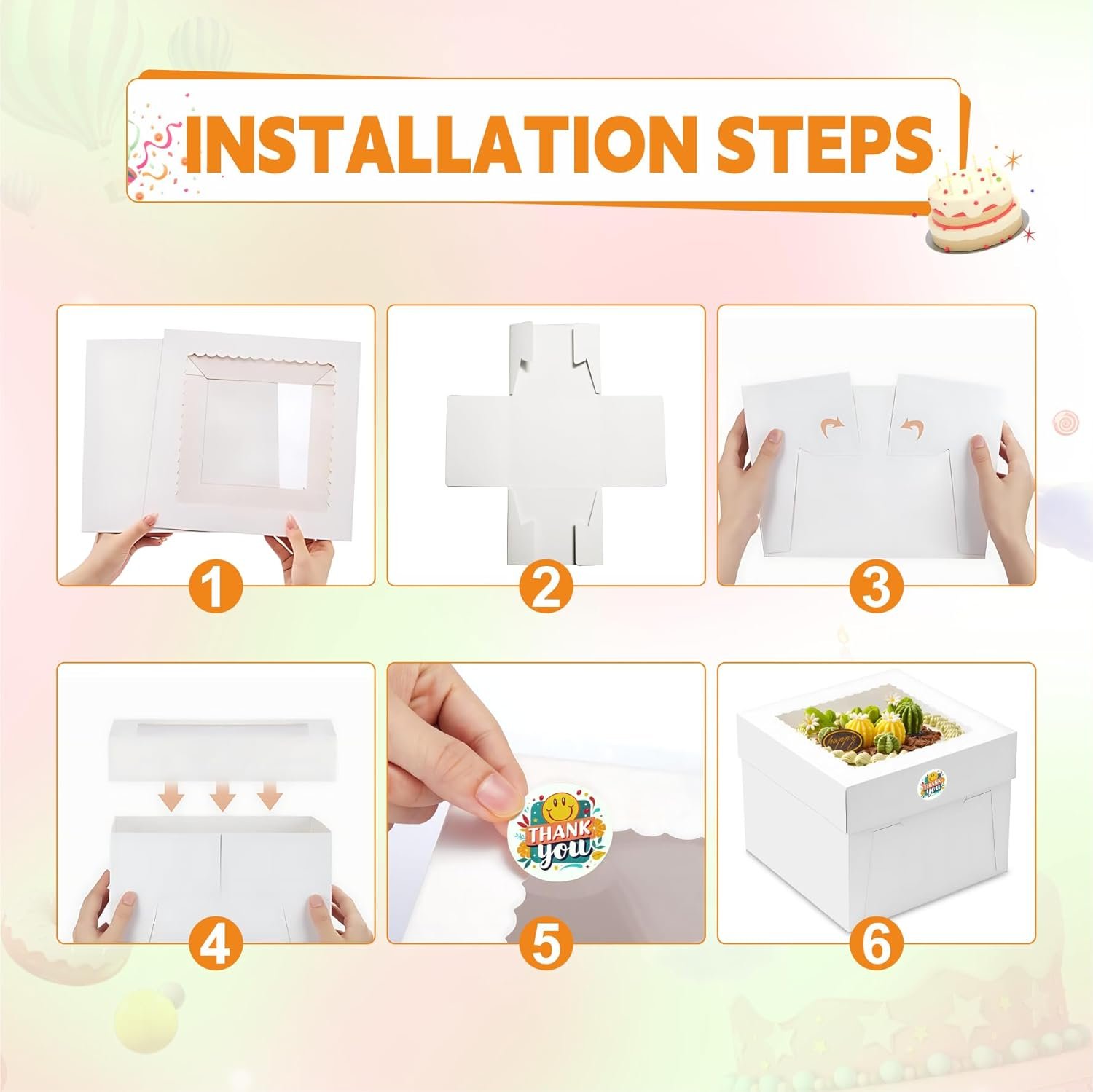 Logo Personalizado para Cajas de Pastel, Pack de 3 Cajas Altas de 10x10x8 Pulgadas con Ventana de Visualización, Base para Pasteles y Stickers, Marca Blanca para Cumpleaños, Bodas y Banquetes, Proveedor de Calidad.