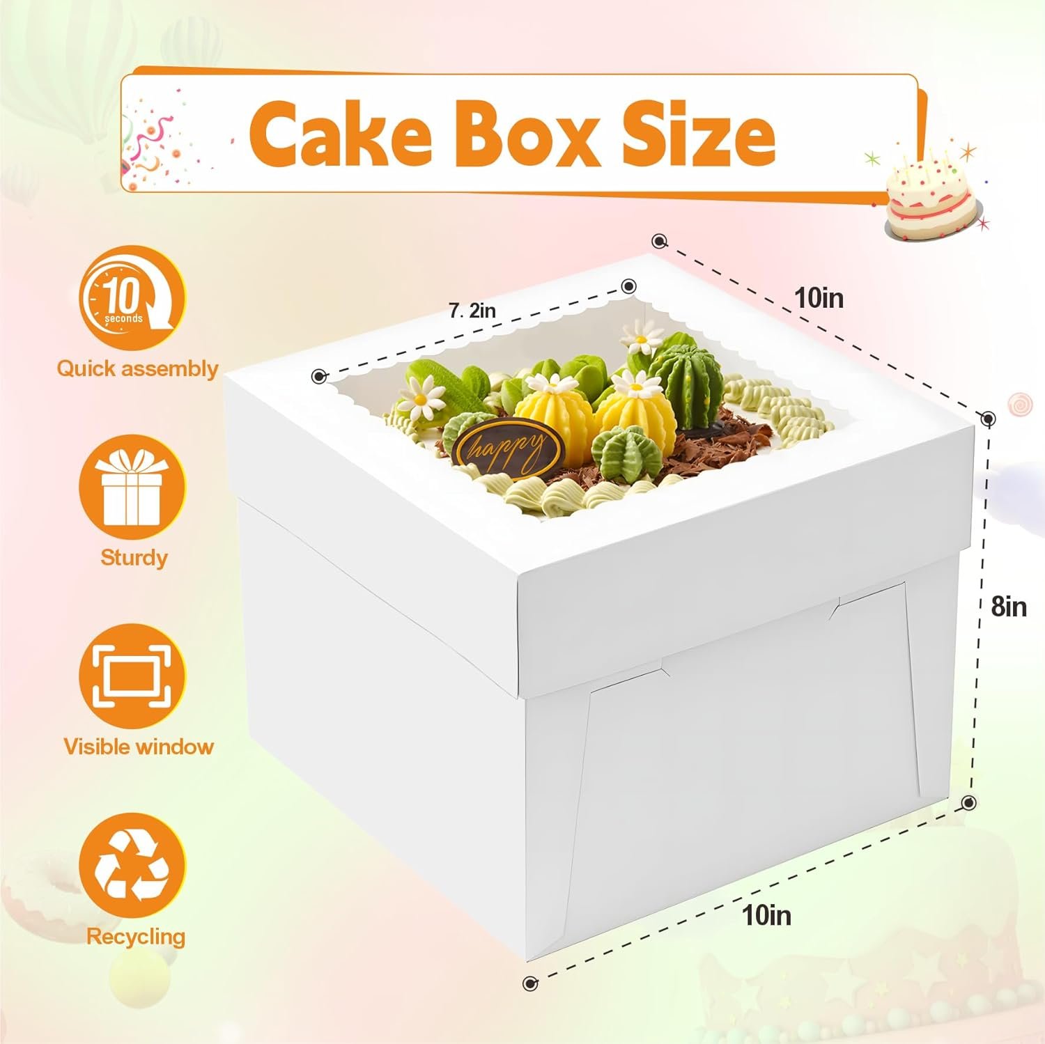 Logo Personalizado para Cajas de Pastel, Pack de 3 Cajas Altas de 10x10x8 Pulgadas con Ventana de Visualización, Base para Pasteles y Stickers, Marca Blanca para Cumpleaños, Bodas y Banquetes, Proveedor de Calidad.