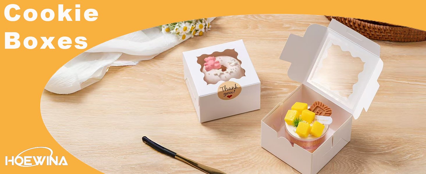 Cajas de galletas con ventana, 20 unidades, 4x4x2.5 pulgadas, ideales para pastelería, postres y golosinas, incluye 25 stickers para personalizar, Marca Blanca, Proveedor.