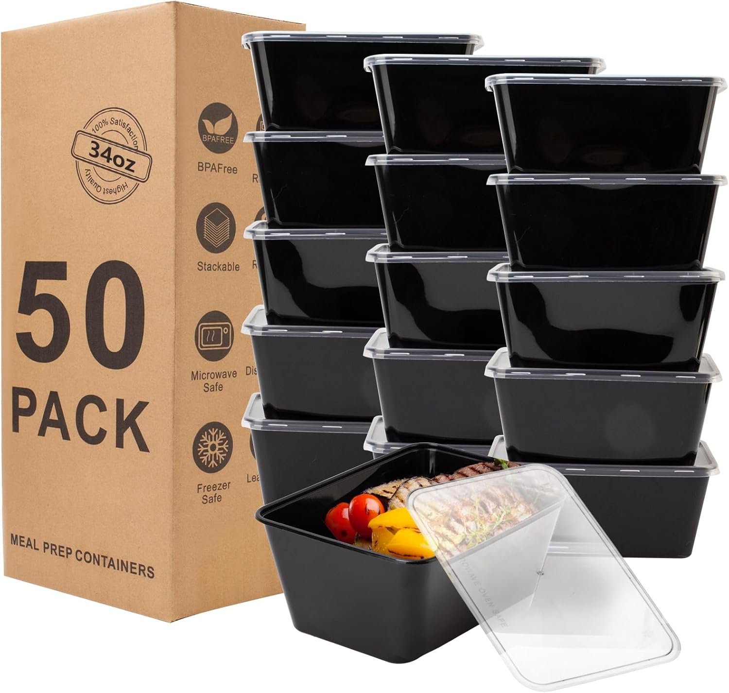 Contenedores para Comida con Logo Personalizado 50Pack - Recipientes de Almacenamiento de 34oz, Contenedores de Preparación de Comida Reutilizables, Envases Desechables para Llevar, BPA Free, Apilables, 1000ml, Apto para Microondas y Congelador, Proveedor.