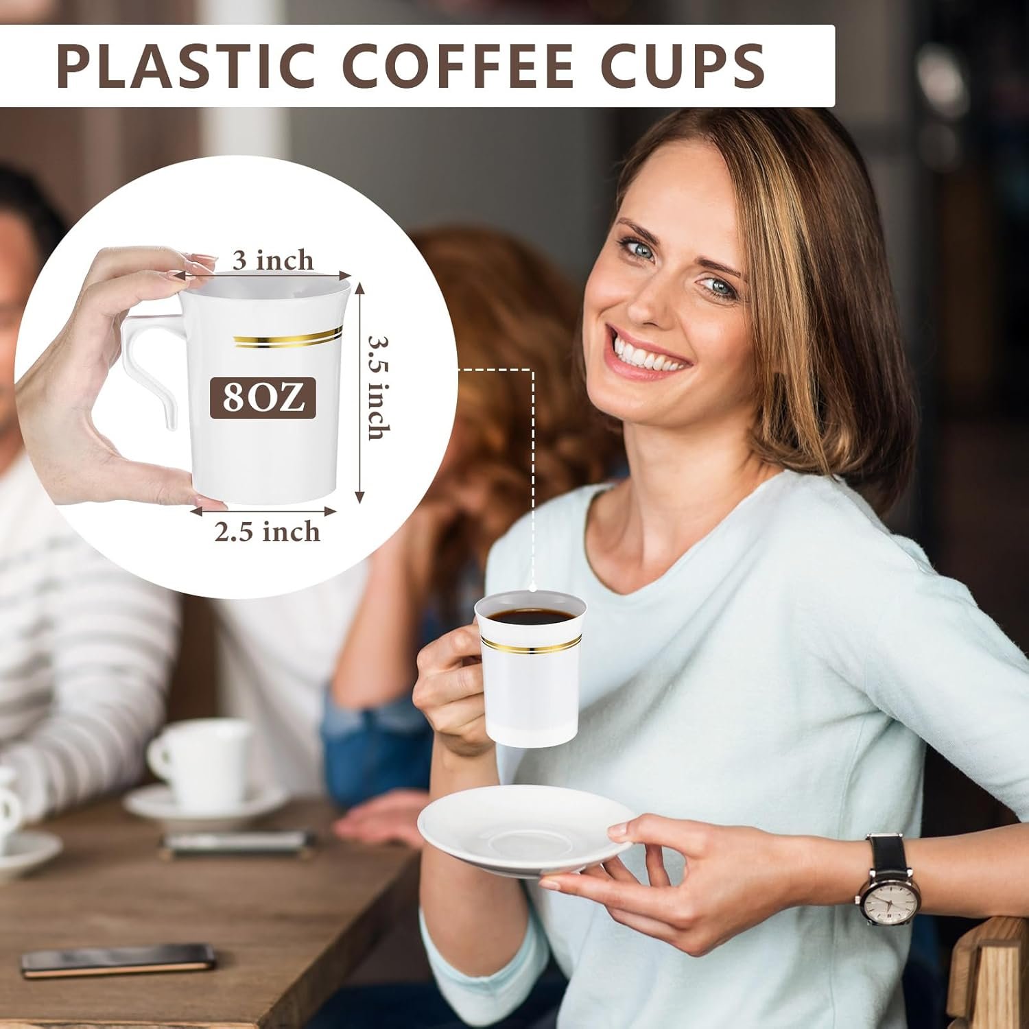 Tazas de café desechables de 8 oz con asa, personalizadas con logo, ideales para bodas y eventos, marca blanca, suministradas por nuestro fabricante, en color blanco y dorado.