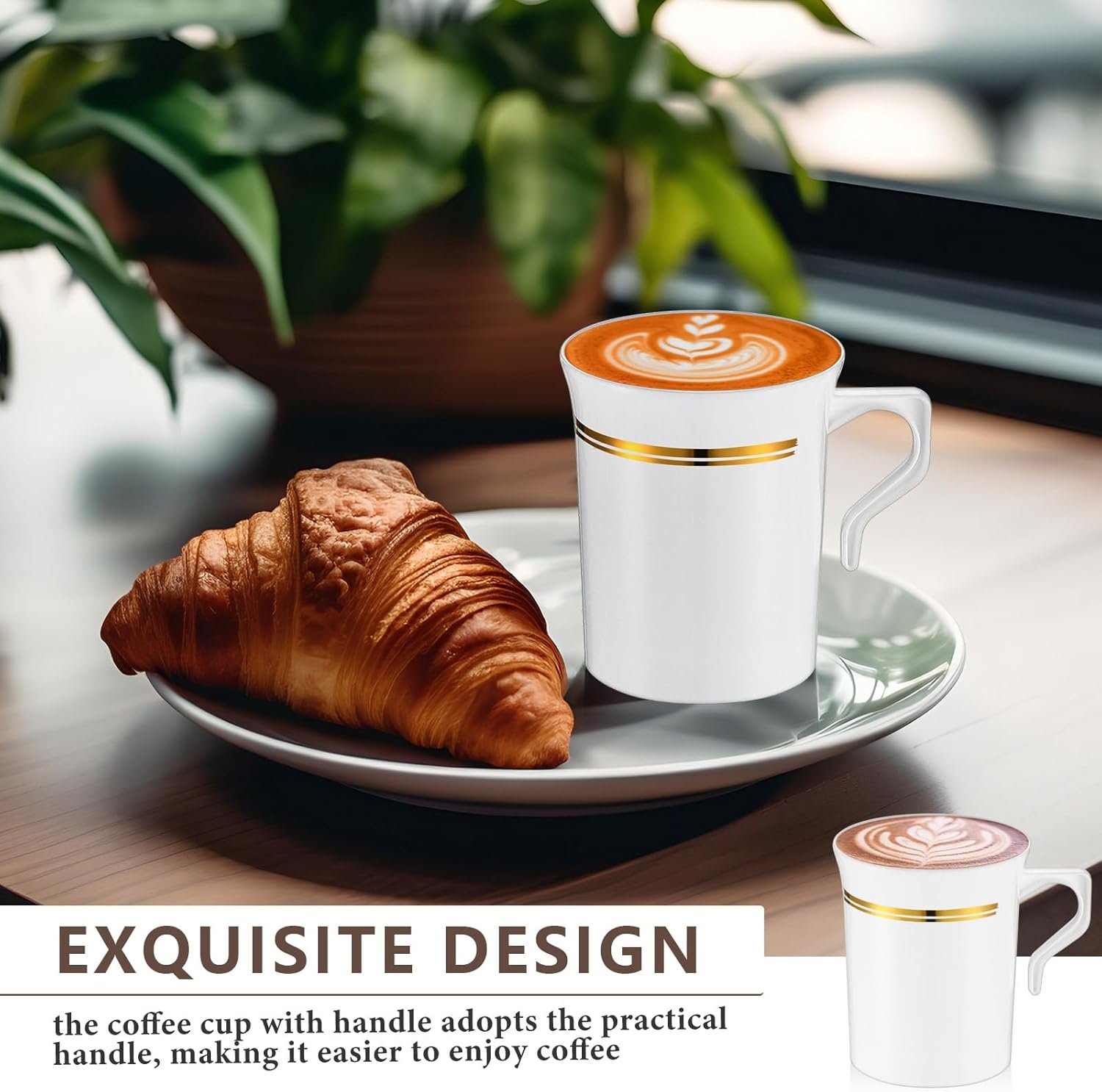 Tazas de café desechables de 8 oz con asa, personalizadas con logo, ideales para bodas y eventos, marca blanca, suministradas por nuestro fabricante, en color blanco y dorado.