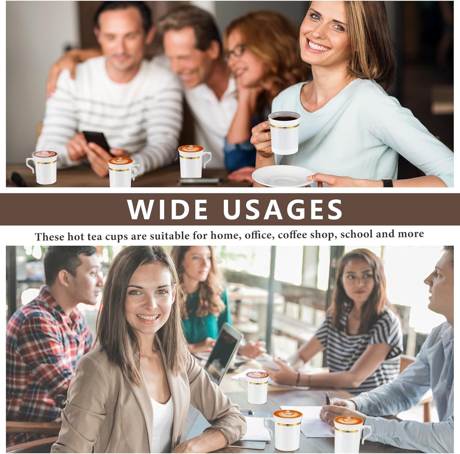 Tazas de café desechables de 8 oz con asa, personalizadas con logo, ideales para bodas y eventos, marca blanca, suministradas por nuestro fabricante, en color blanco y dorado.