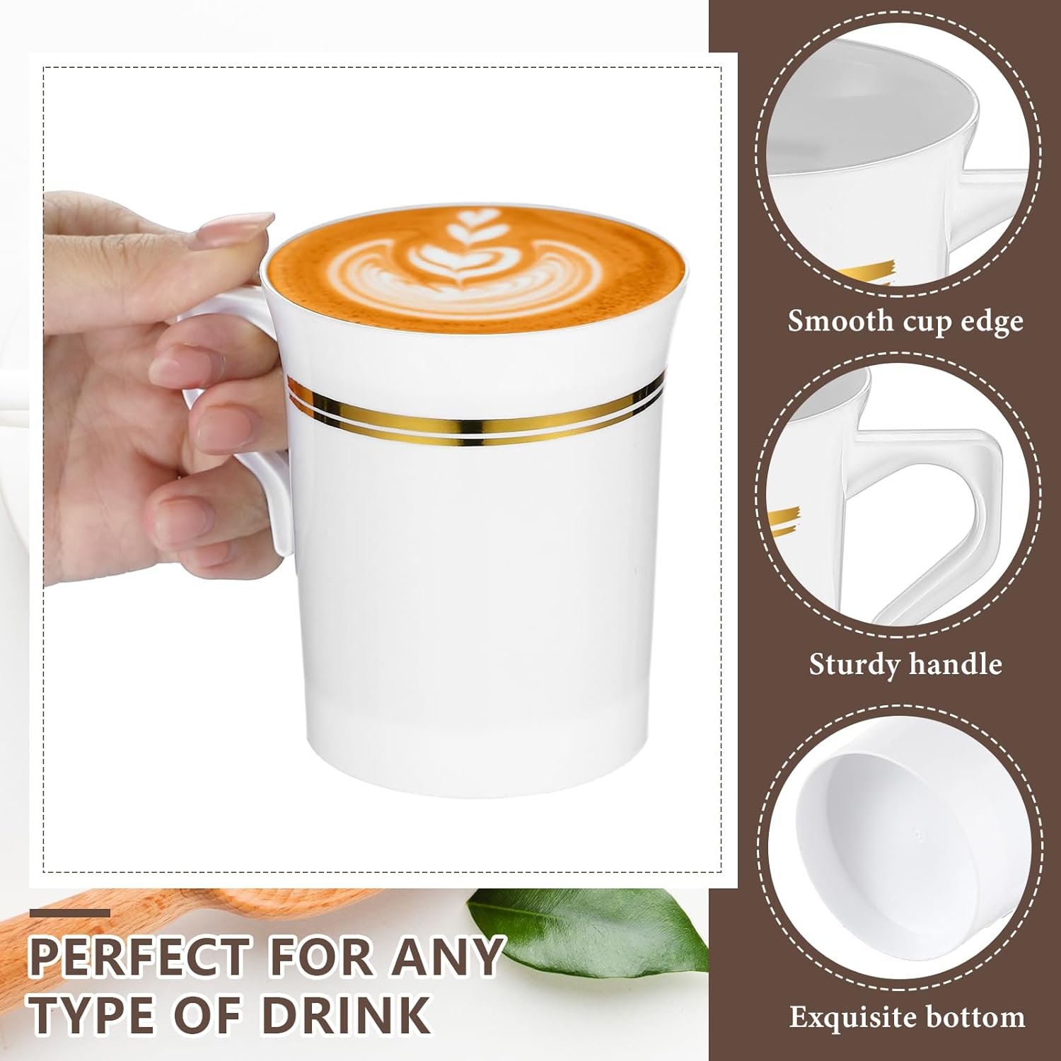 Tazas de café desechables de 8 oz con asa, personalizadas con logo, ideales para bodas y eventos, marca blanca, suministradas por nuestro fabricante, en color blanco y dorado.