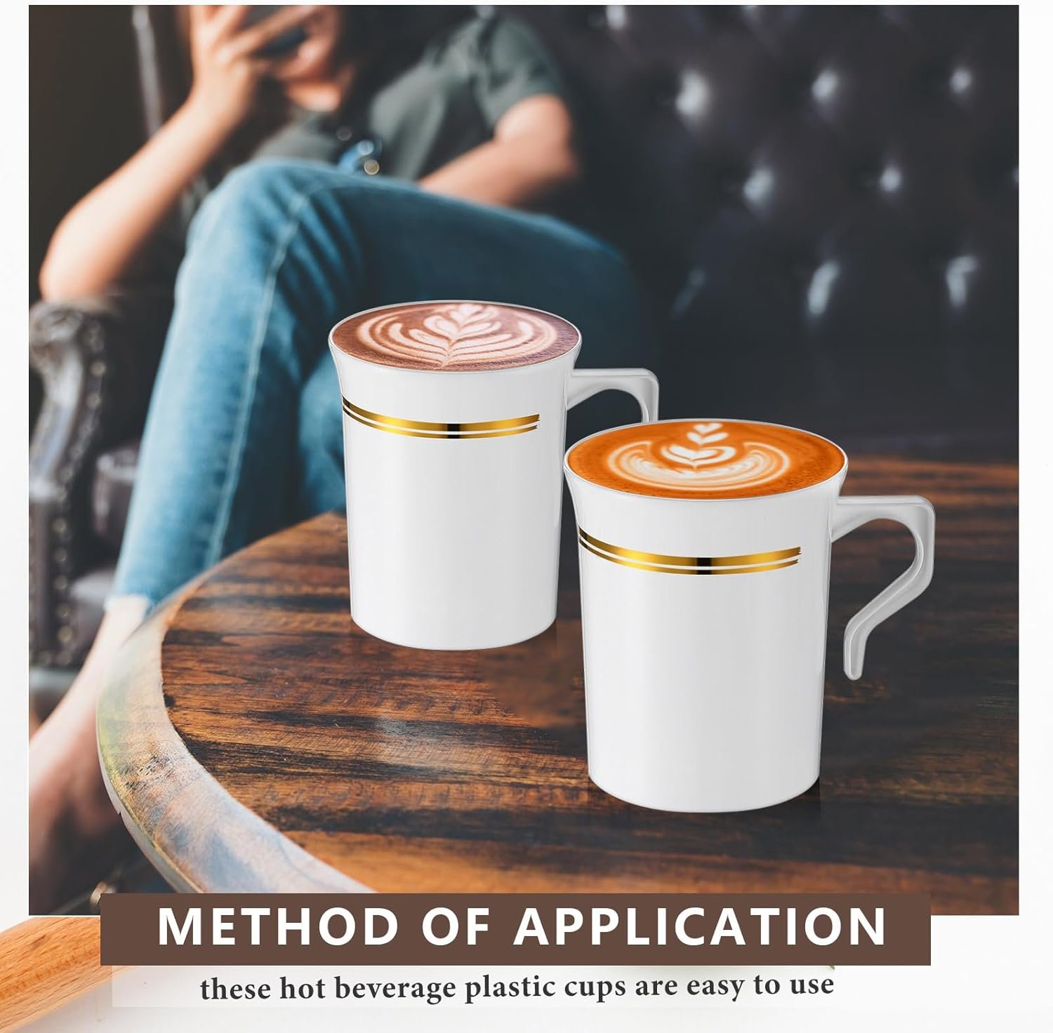 Tazas de café desechables de 8 oz con asa, personalizadas con logo, ideales para bodas y eventos, marca blanca, suministradas por nuestro fabricante, en color blanco y dorado.