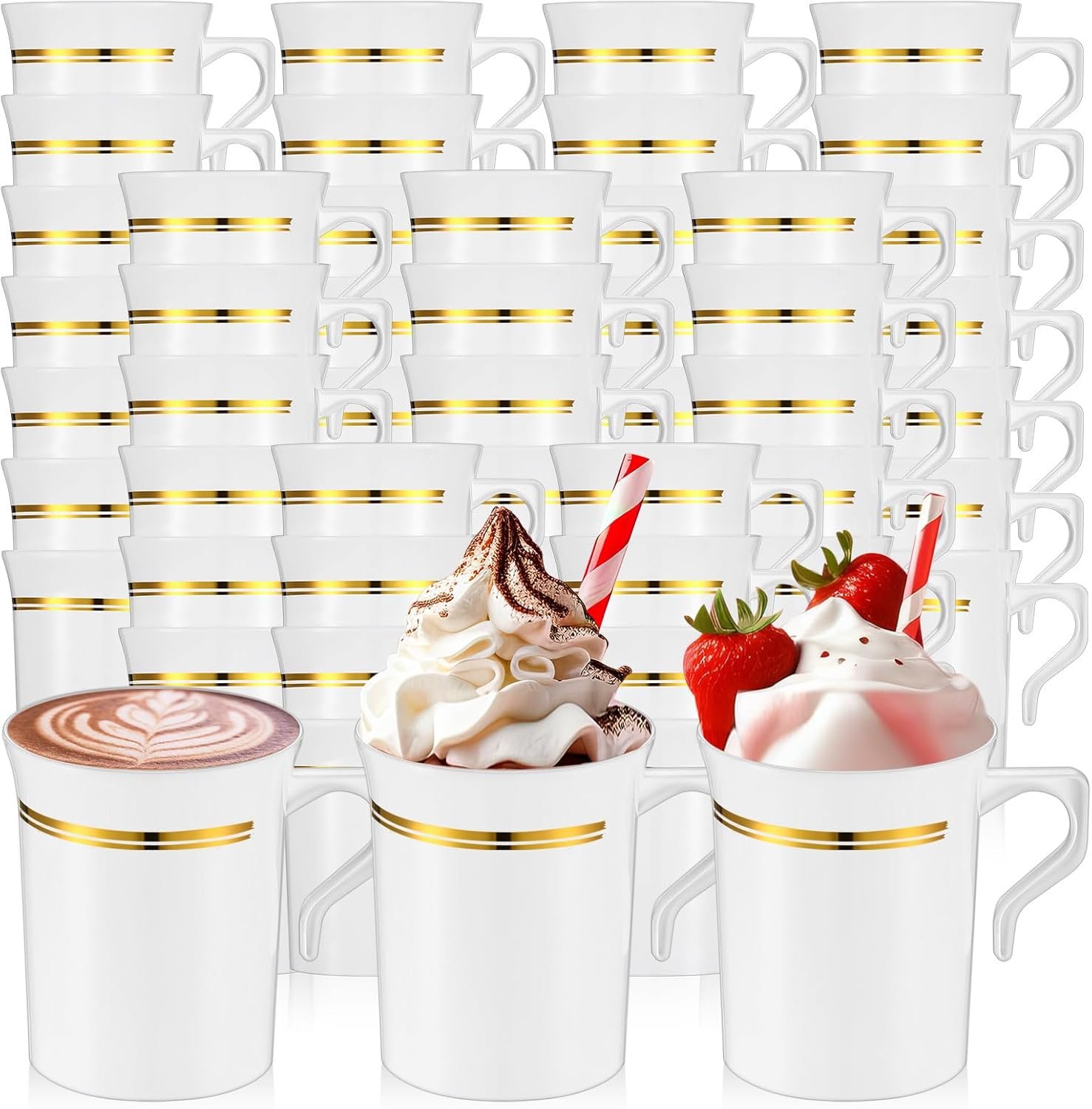 Tazas de café desechables de 8 oz con asa, personalizadas con logo, ideales para bodas y eventos, marca blanca, suministradas por nuestro fabricante, en color blanco y dorado.