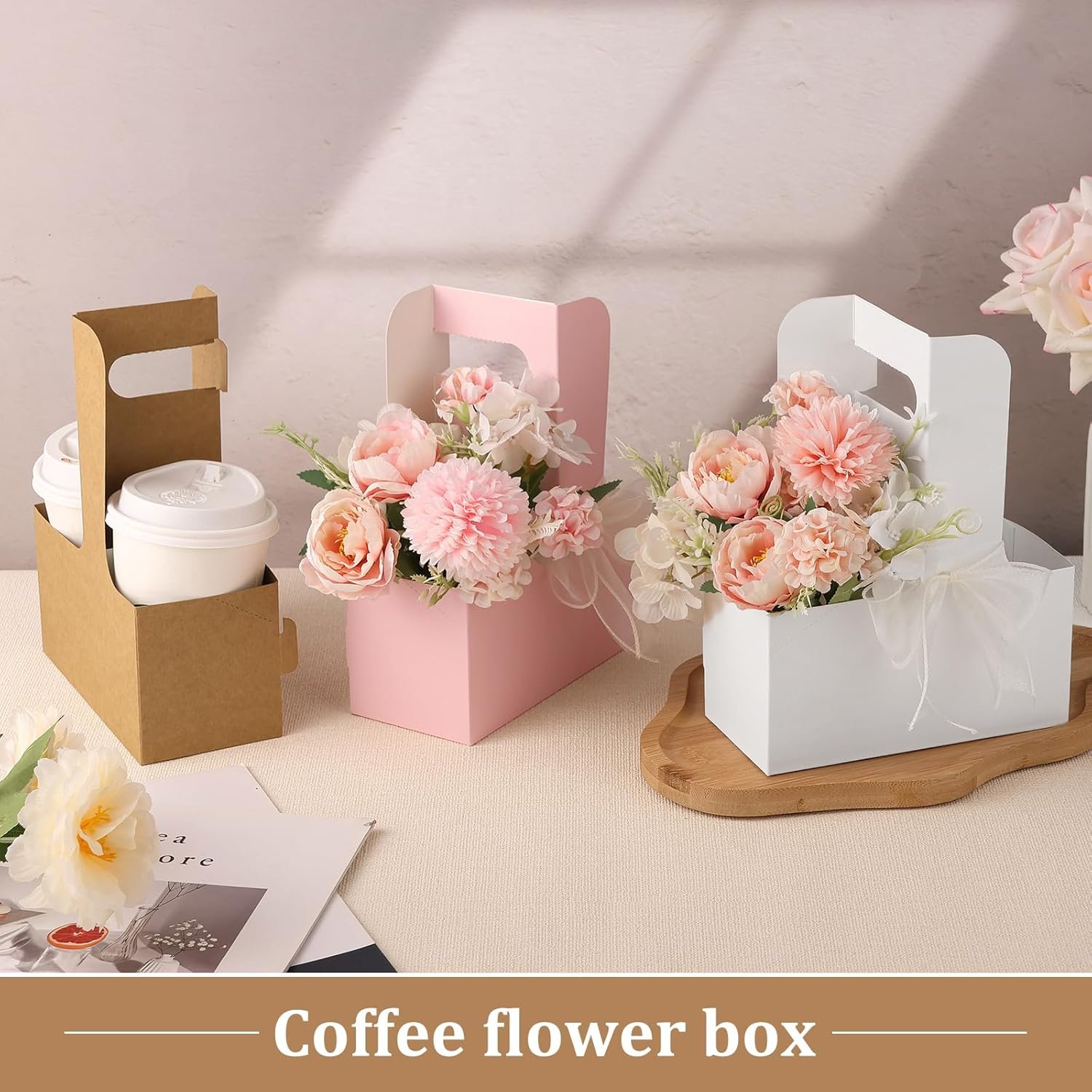 Logo Personalizado Bolsas de Papel Kraft para Regalos de Flores, Porta Bebidas Desechables con Asa, Cajas de Papel para Flores de 2 Tazas, Marca Blanca para Día de la Madre, Bodas y Cumpleaños (Multicolor) Proveedor.