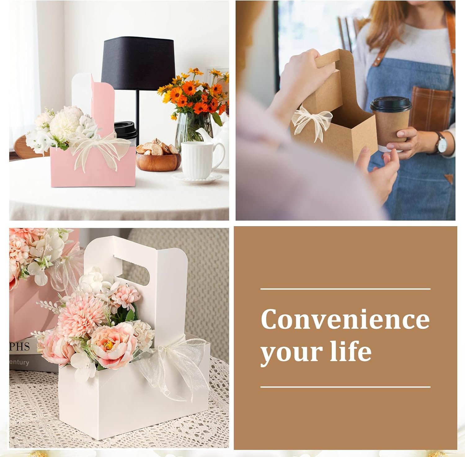 Logo Personalizado Bolsas de Papel Kraft para Regalos de Flores, Porta Bebidas Desechables con Asa, Cajas de Papel para Flores de 2 Tazas, Marca Blanca para Día de la Madre, Bodas y Cumpleaños (Multicolor) Proveedor.