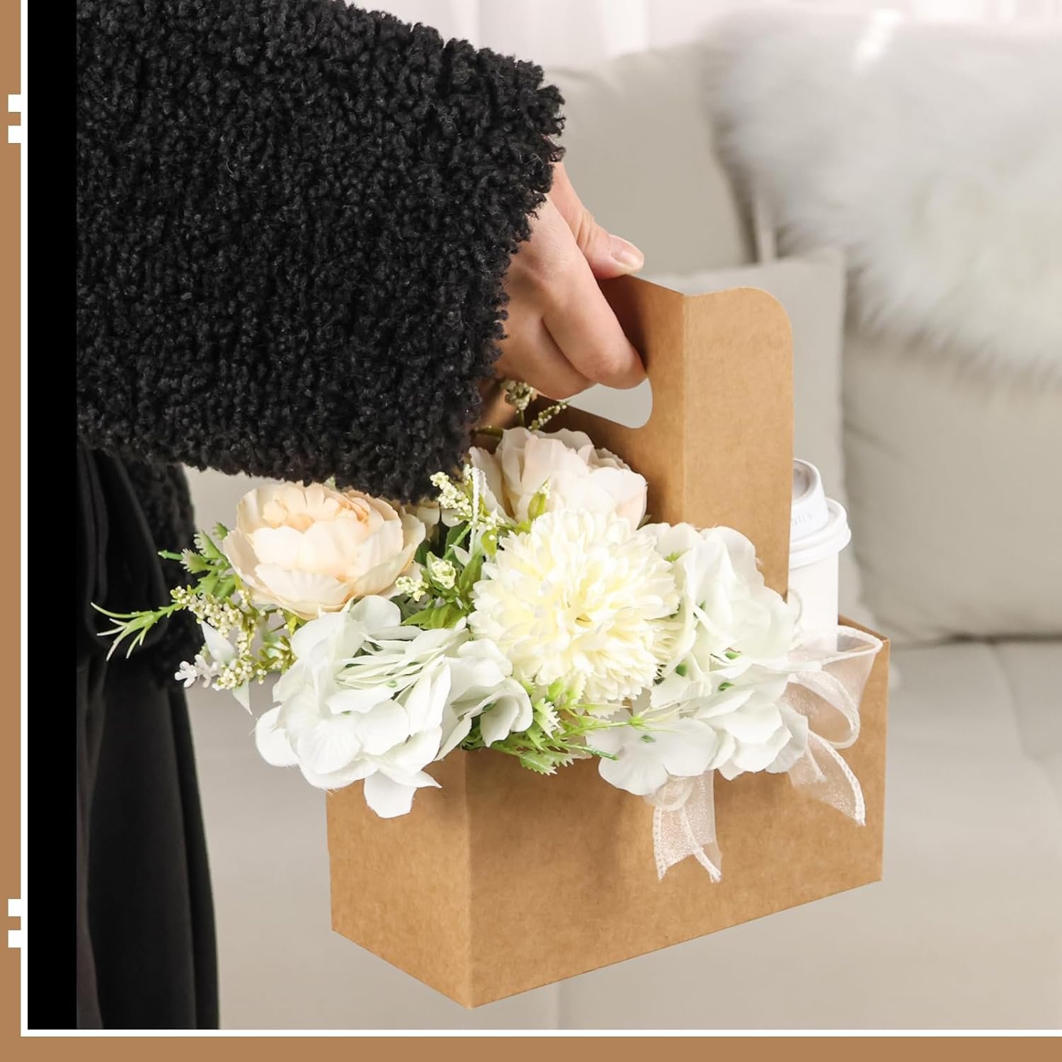 Logo Personalizado Bolsas de Papel Kraft para Regalos de Flores, Porta Bebidas Desechables con Asa, Cajas de Papel para Flores de 2 Tazas, Marca Blanca para Día de la Madre, Bodas y Cumpleaños (Multicolor) Proveedor.