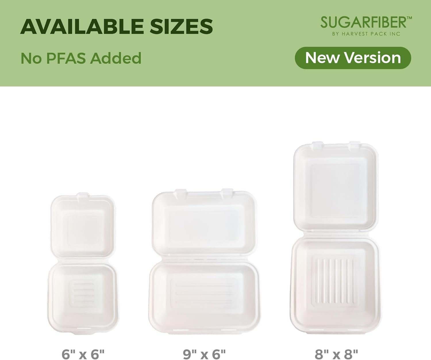 Logo Personalizado Envase Compostable Blanco Cuadrado de 6 x 6 pulgadas con Compartimento Único, Caja de Clamshell Desechable Eco-Amigable de Bagazo de Caña de Azúcar, Proveedor Sin PFAS Añadidos, Marca Blanca Nueva Versión.