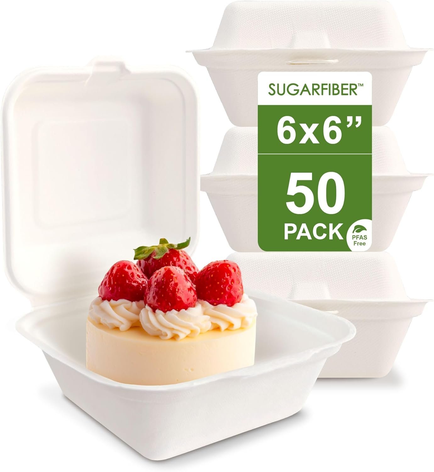 Logo Personalizado Envase Compostable Blanco Cuadrado de 6 x 6 pulgadas con Compartimento Único, Caja de Clamshell Desechable Eco-Amigable de Bagazo de Caña de Azúcar, Proveedor Sin PFAS Añadidos, Marca Blanca Nueva Versión.