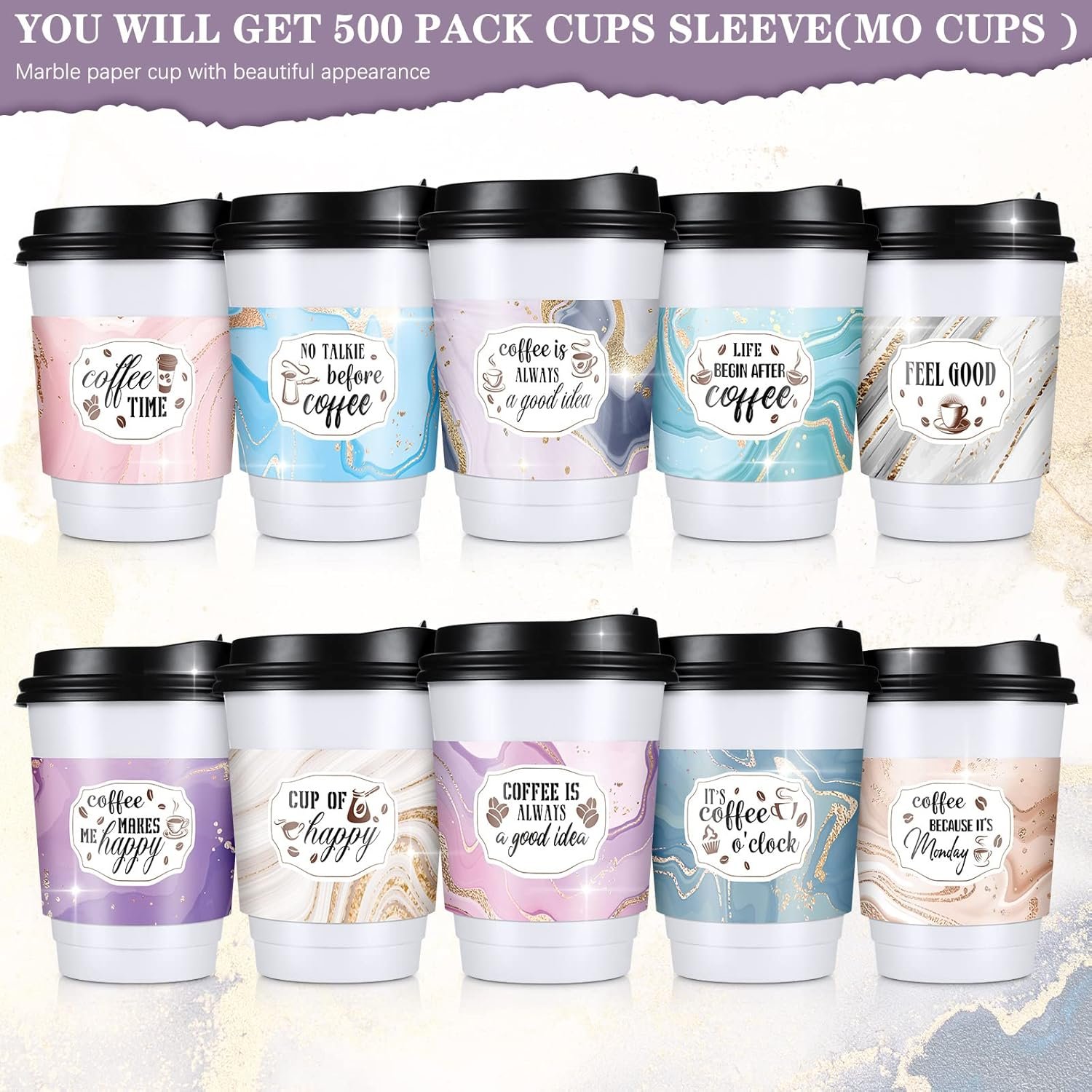 Sleeves de papel desechables para tazas de café de 12 y 16 oz, con diseño de mármol, ideal para chocolate caliente, té o bebidas frías, con opción de Logo Personalizado, Marca Blanca disponible, Fábrica de calidad.